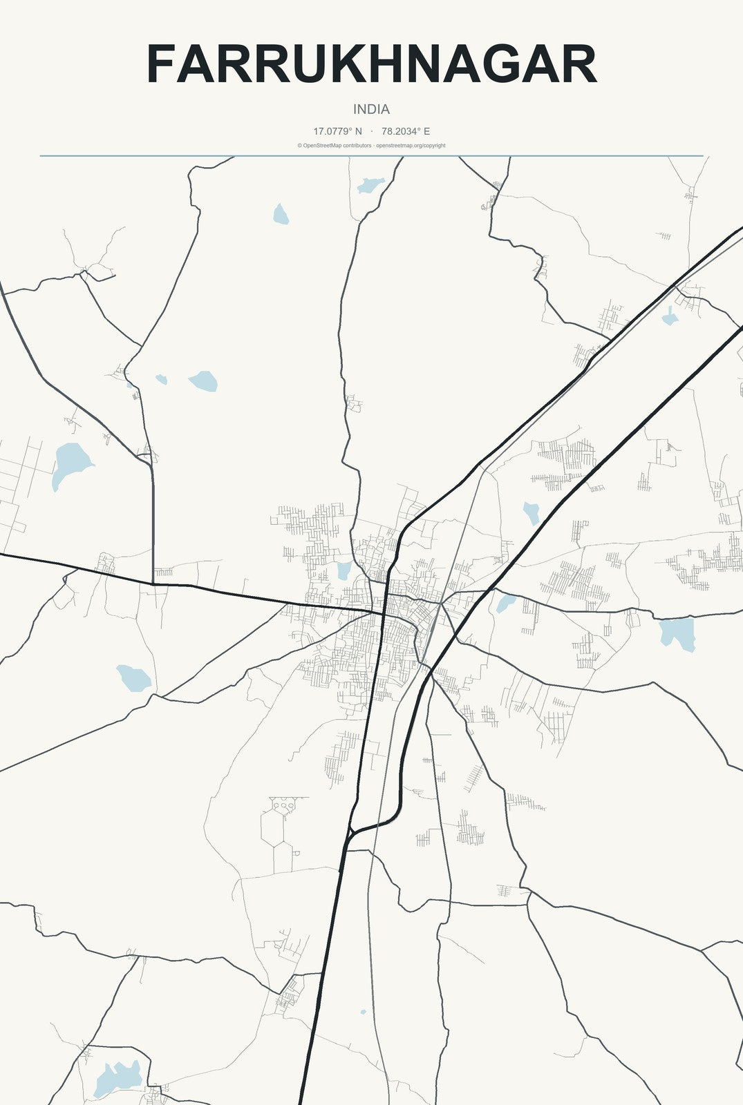 Farrukhnagar, Telangana, India City Map Aluminum Sign in Headline Atlas style