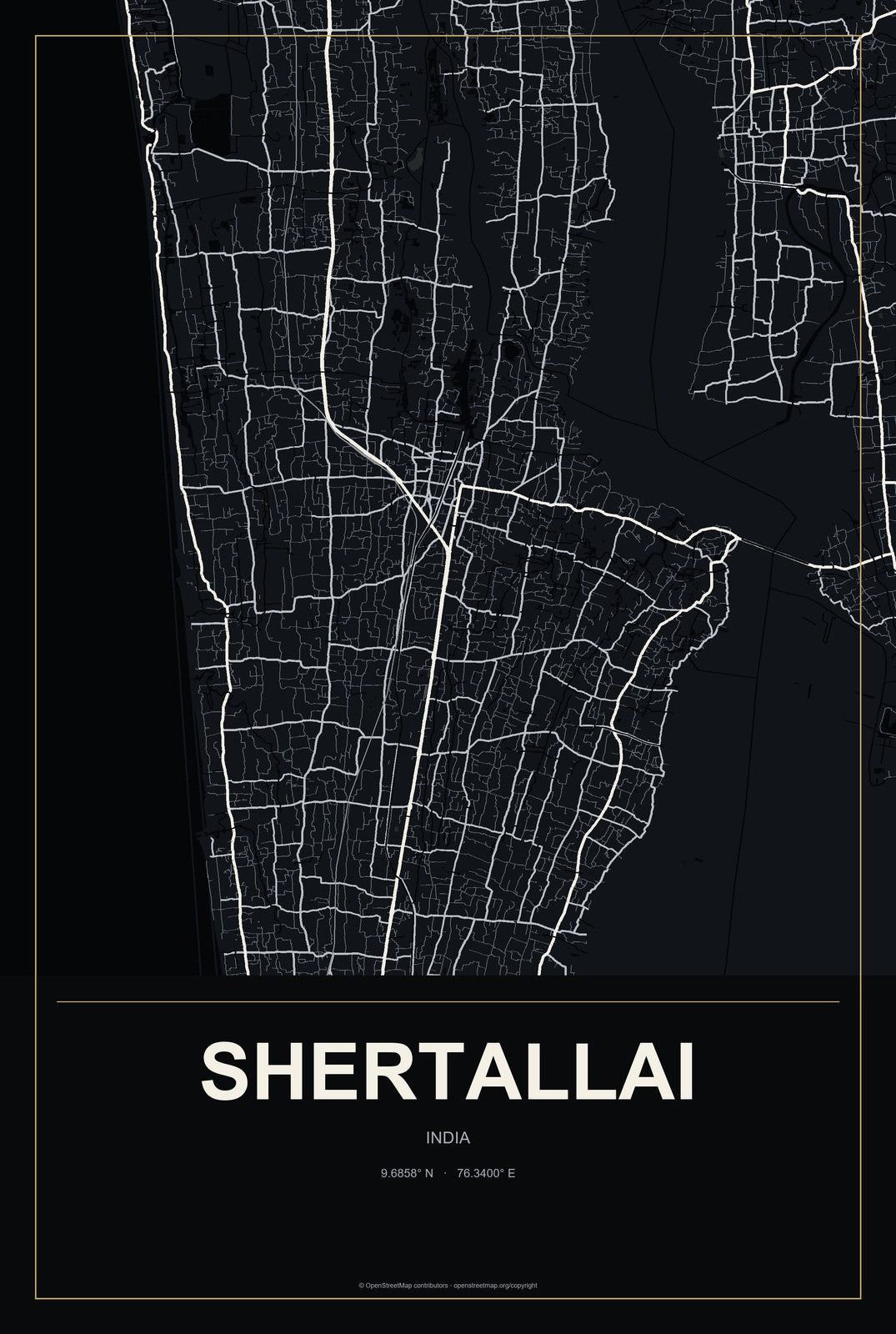Shertallai, India City Map Aluminum Sign in Metropolitan Noir style