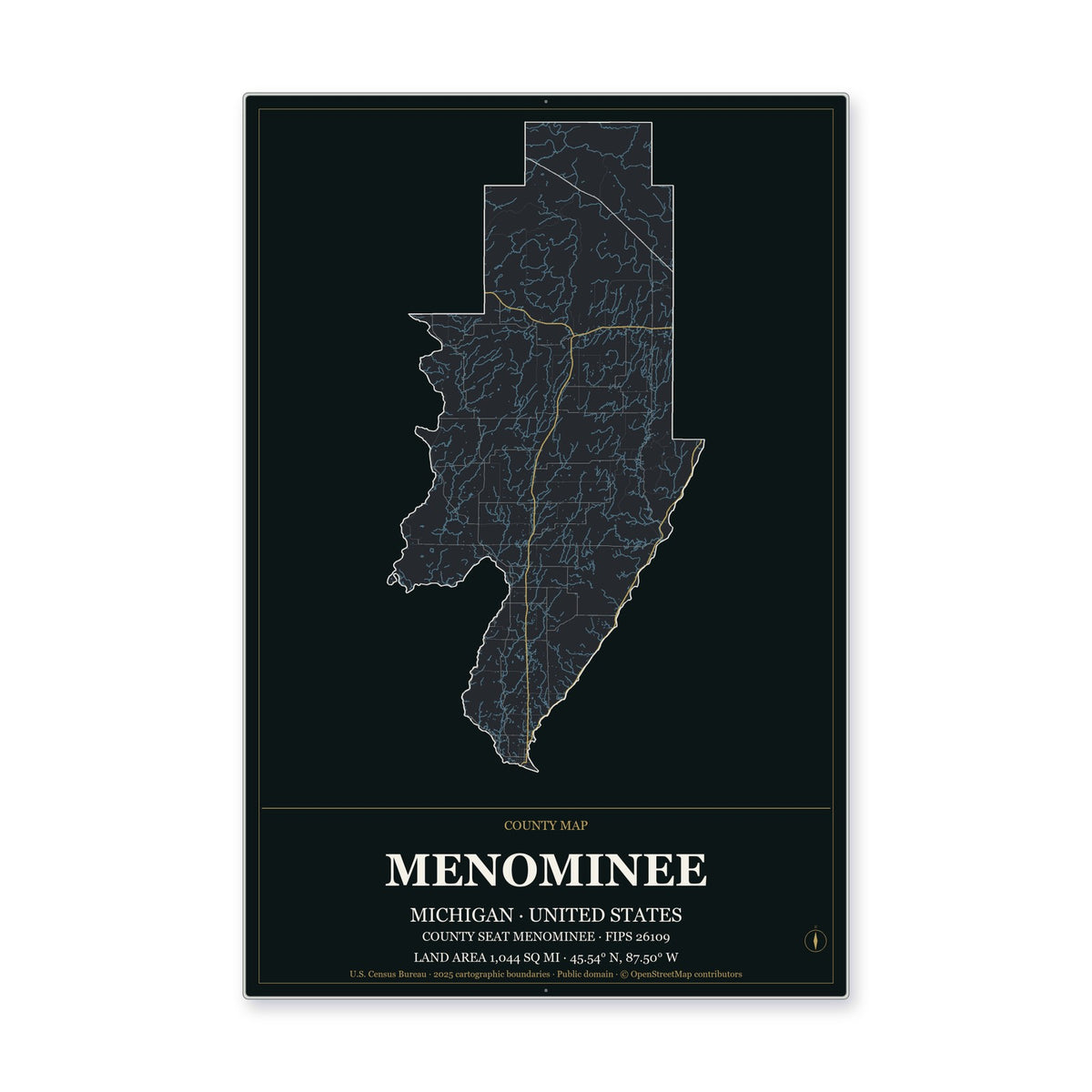Menominee County, Michigan Map Aluminum Sign in Metropolitan Noir style
