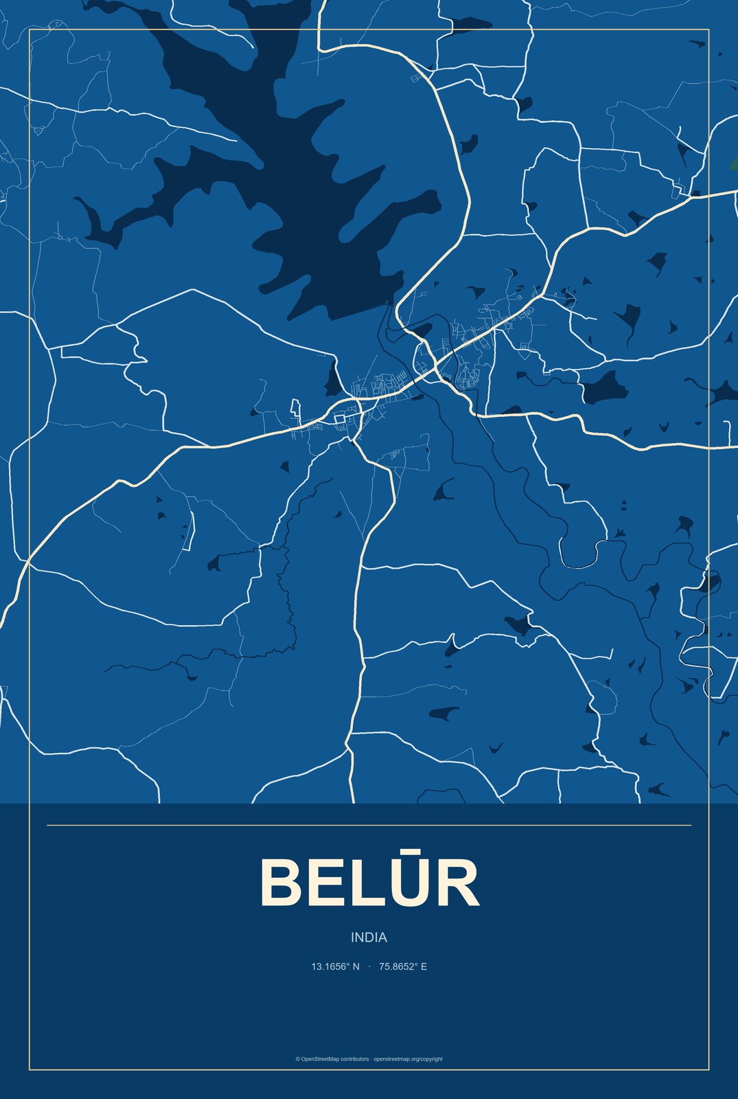 Belūr, India City Map Aluminum Sign in Harbor Cobalt style