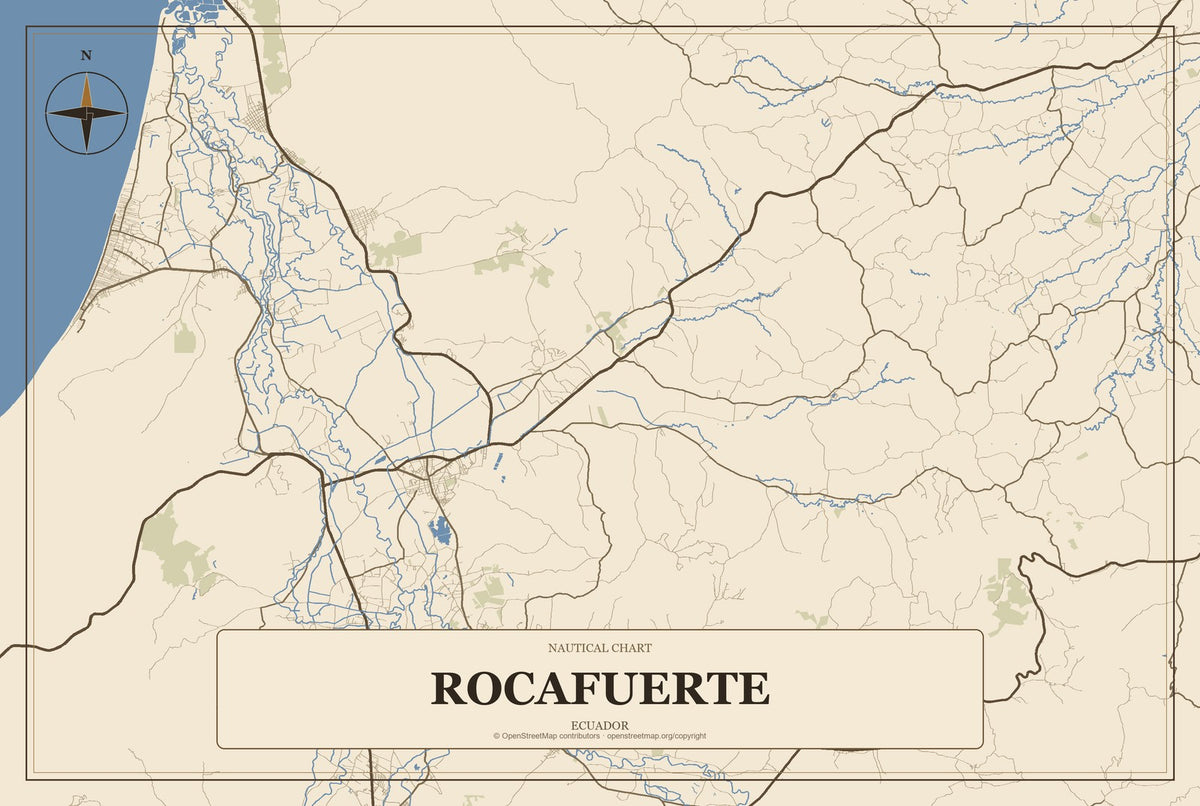 Rocafuerte, Ecuador City Map Aluminum Sign in Heritage Nautical style