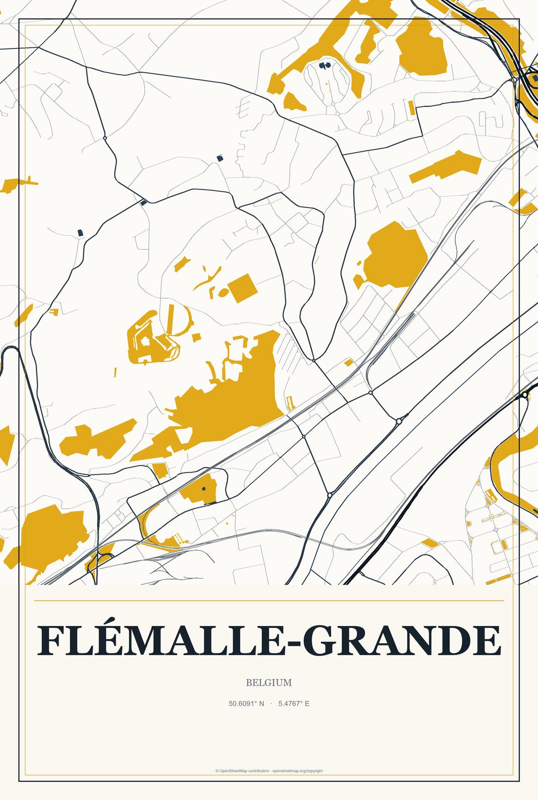 Flémalle-Grande, Belgium City Map Aluminum Sign in Citrine Modern style