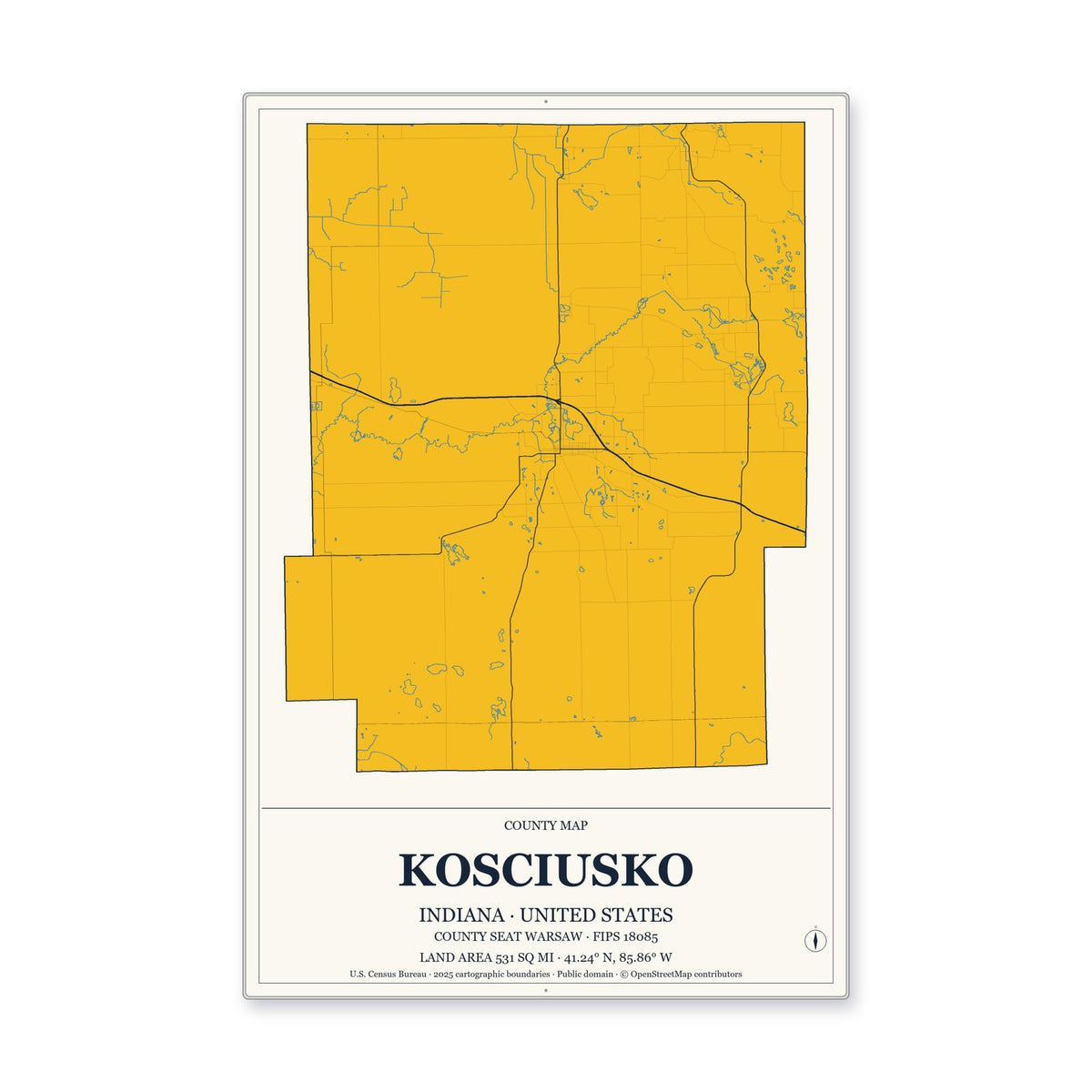 Kosciusko County, Indiana Map Aluminum Sign in Citrine Modern style