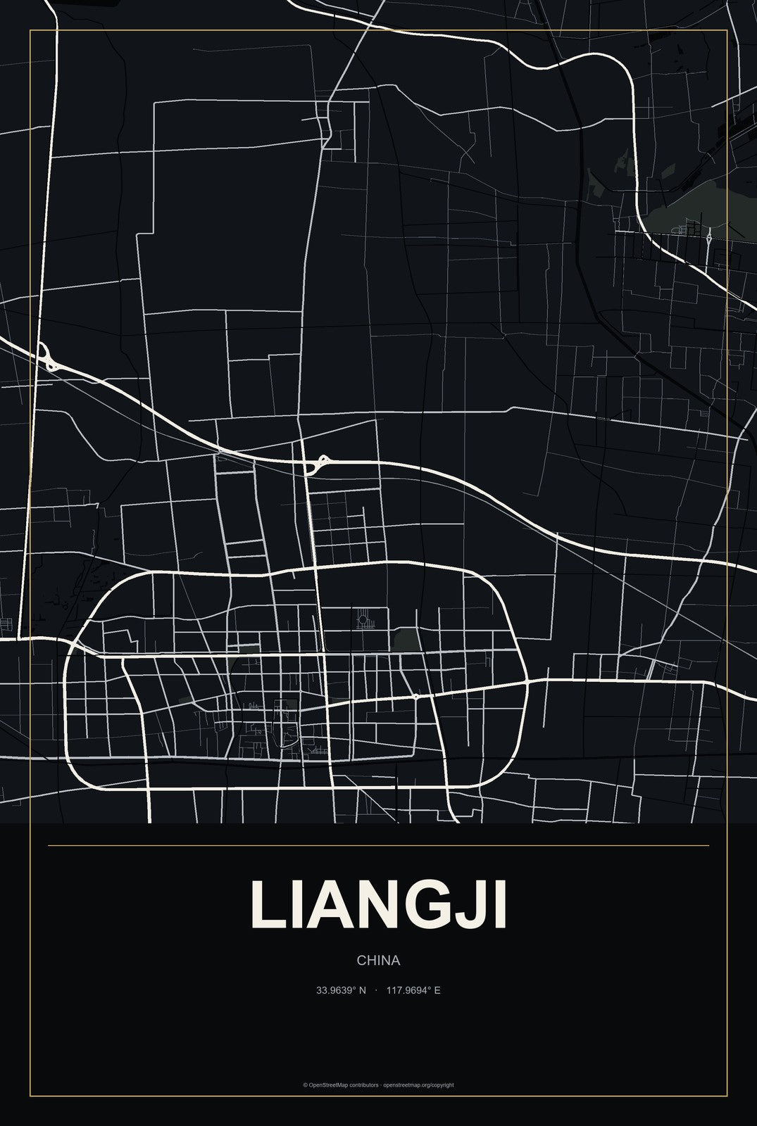 Liangji, China City Map Aluminum Sign in Metropolitan Noir style