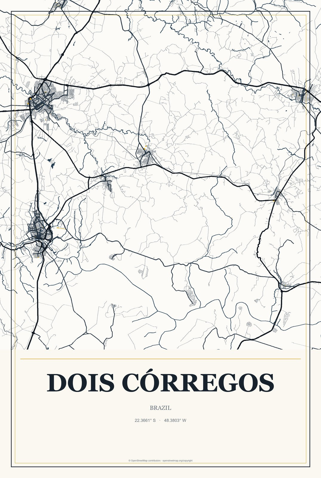 Dois Córregos, Brazil City Map Aluminum Sign in Citrine Modern style