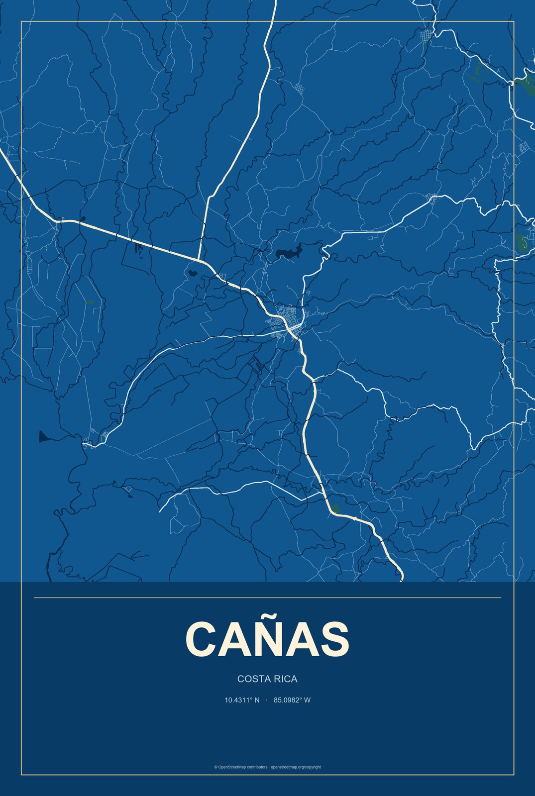 Cañas, Costa Rica City Map Aluminum Sign in Harbor Cobalt style