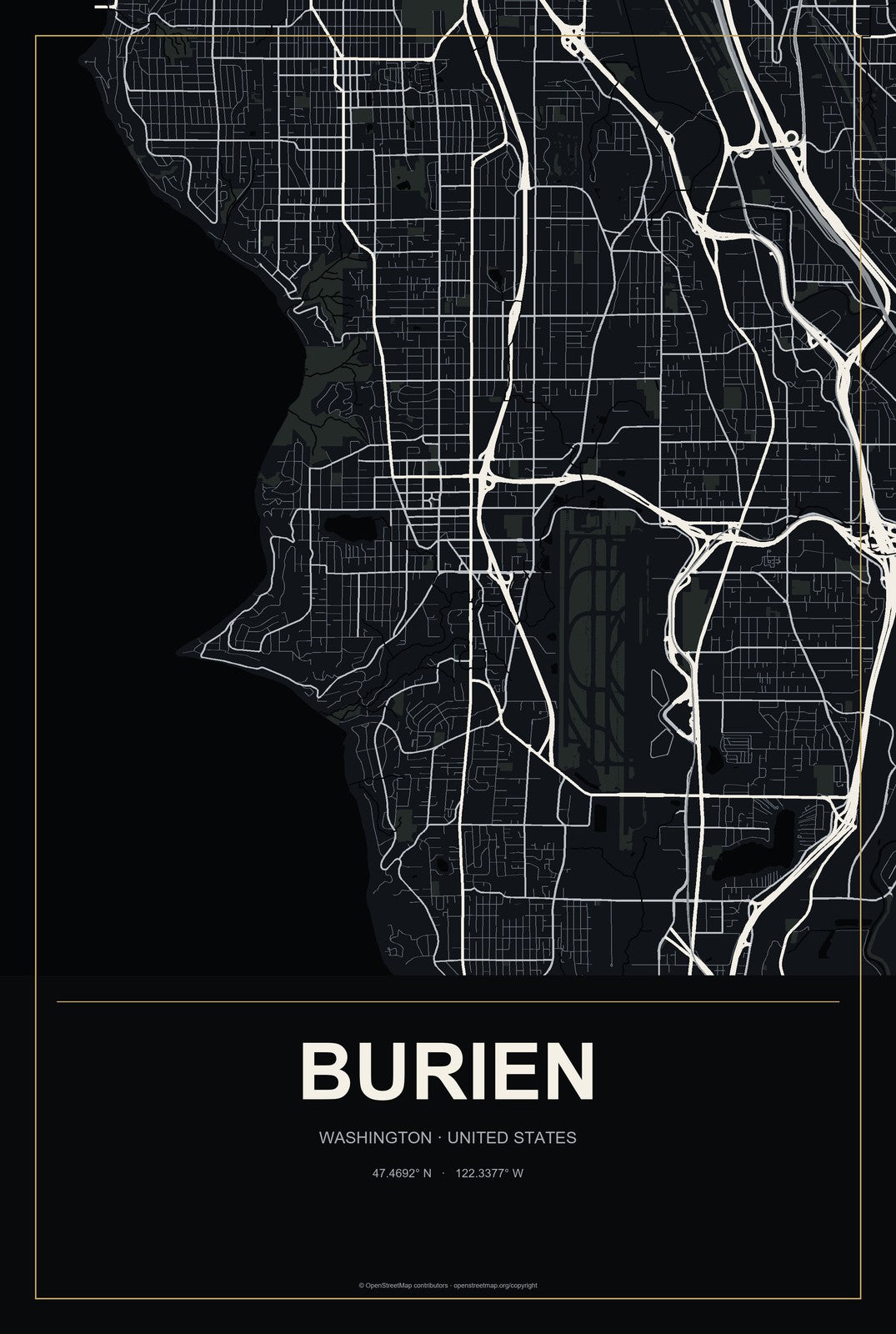 Burien, Washington City Map Aluminum Sign in Metropolitan Noir style