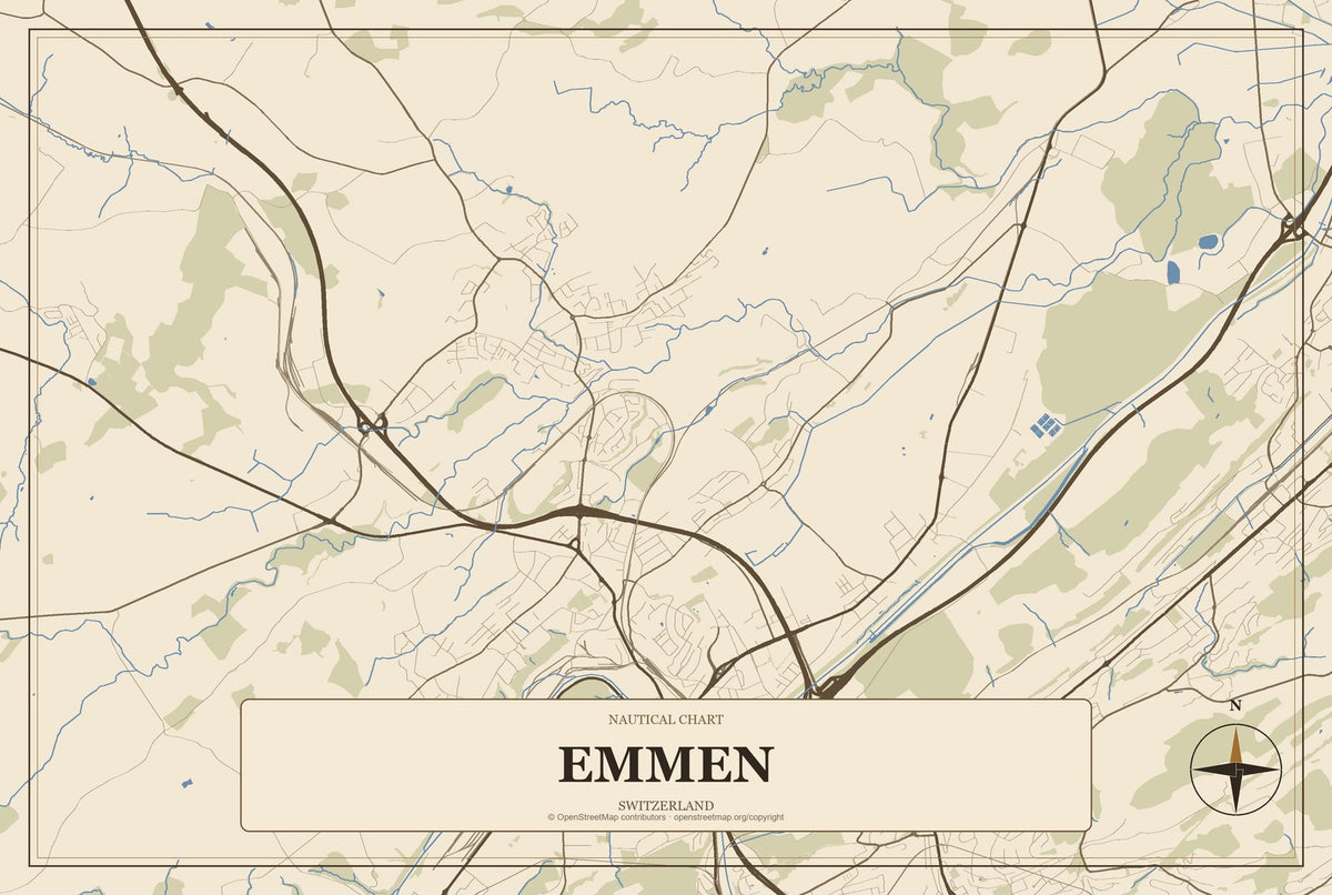 Emmen, Switzerland City Map Aluminum Sign in Heritage Nautical style