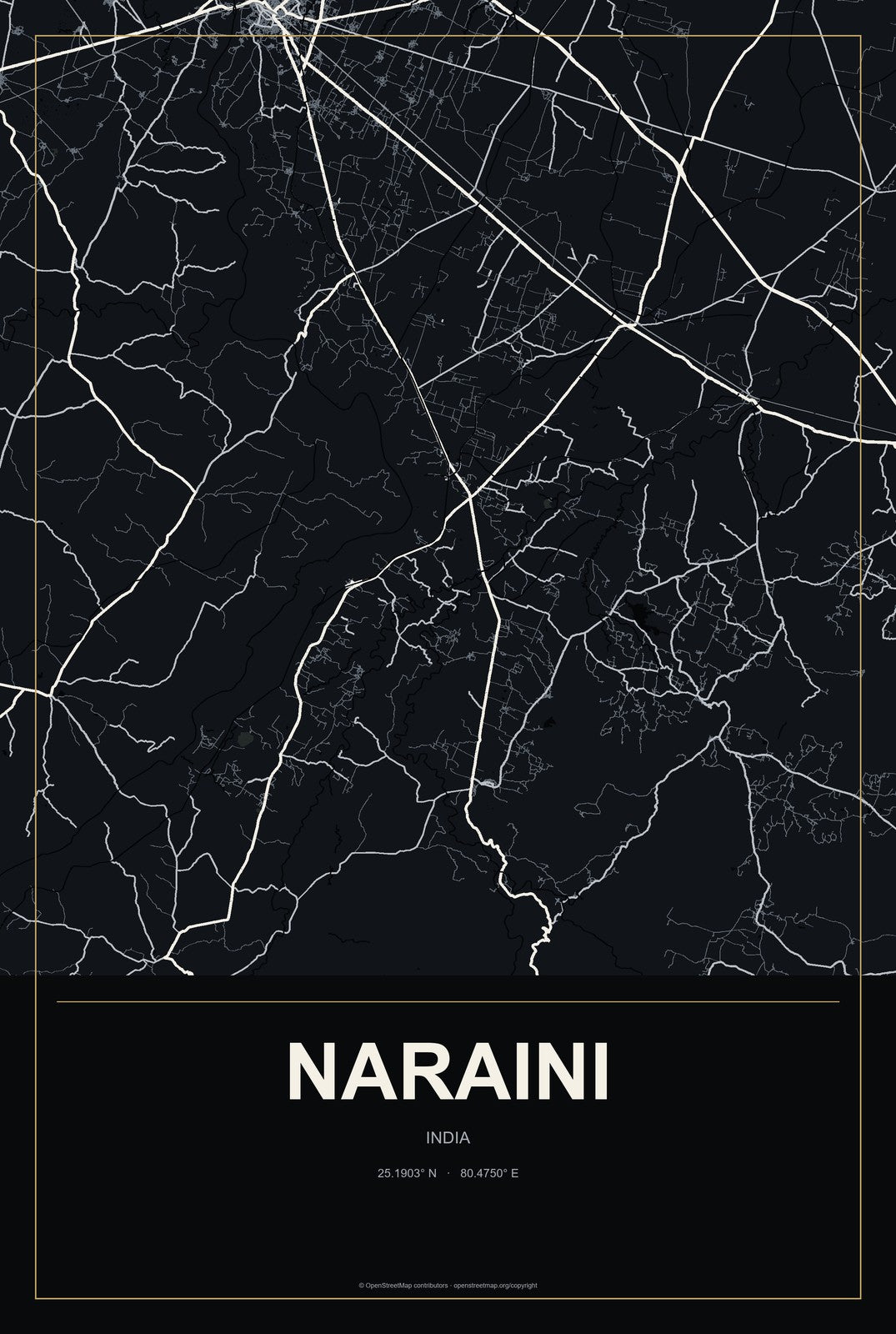 Naraini, India City Map Aluminum Sign in Metropolitan Noir style