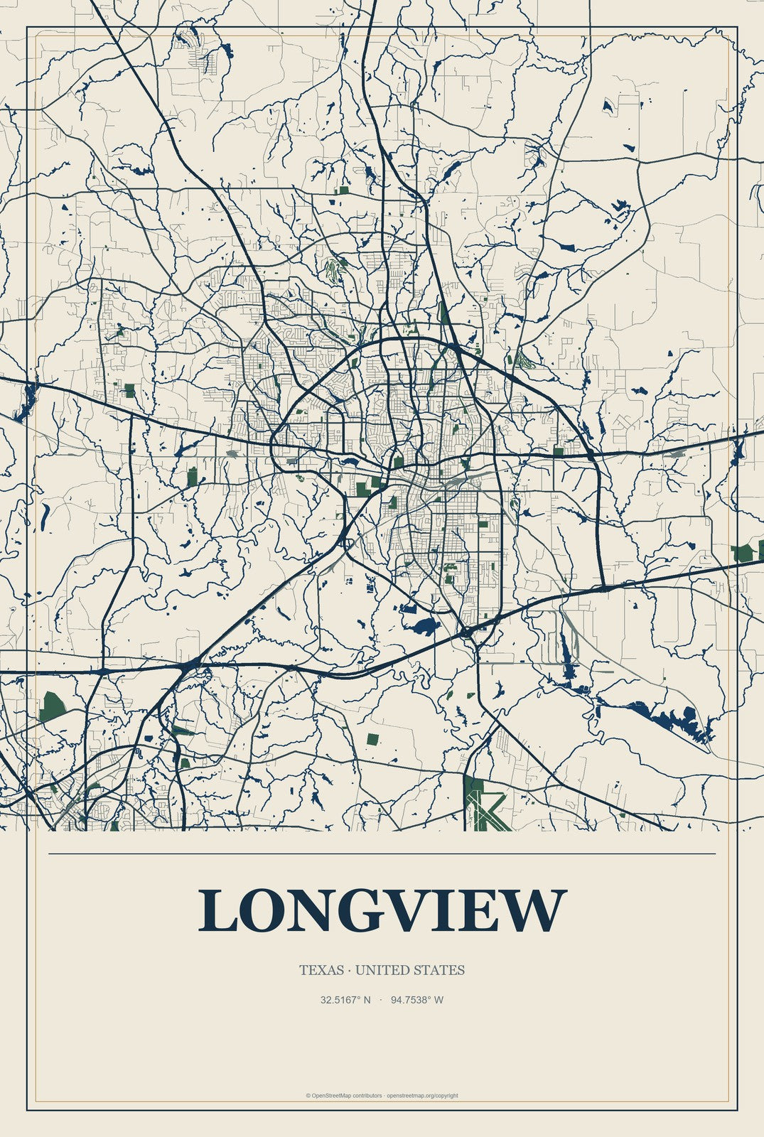 Longview, Texas City Map Aluminum Sign in Coastal Cutout style