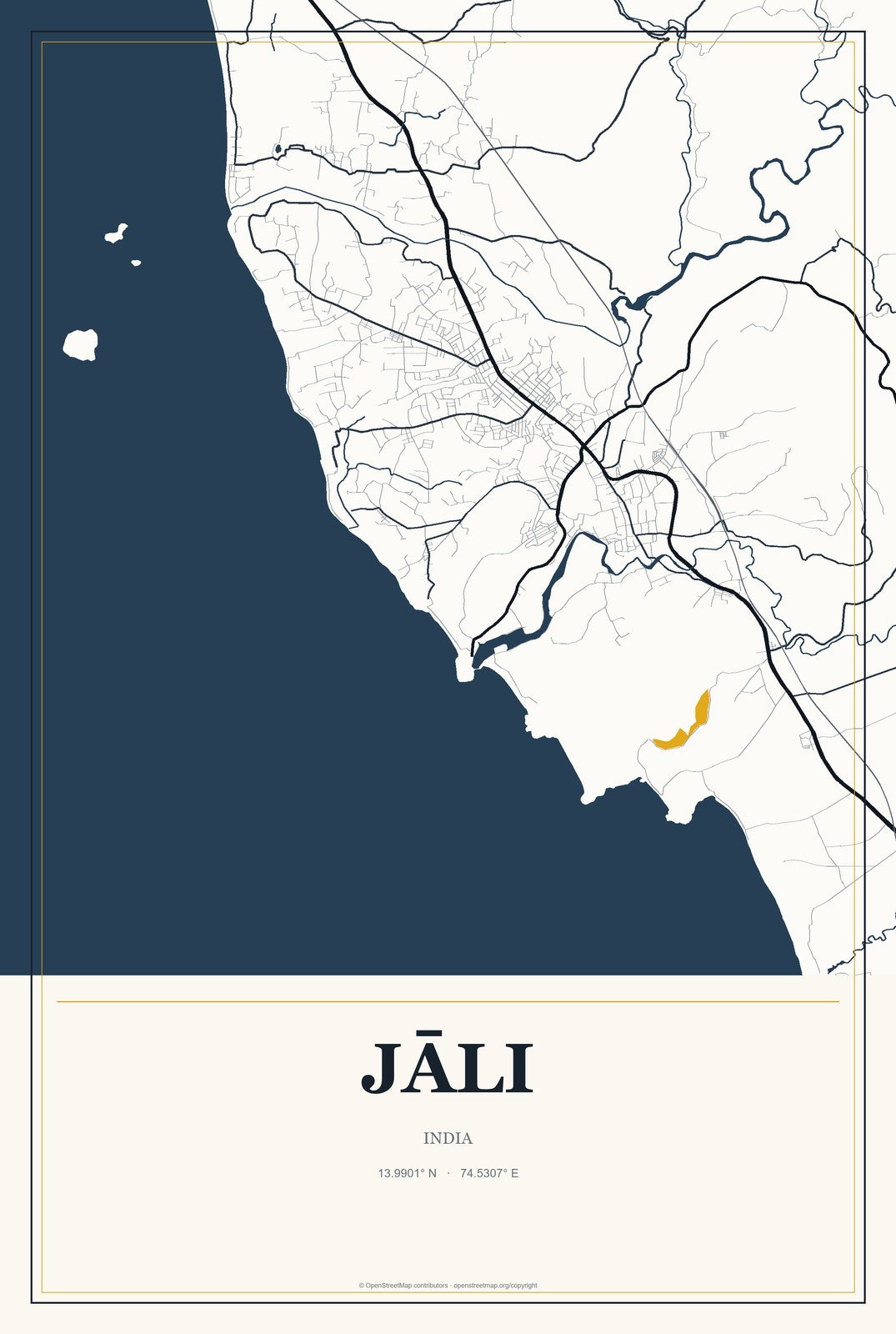 Jāli, India City Map Aluminum Sign in Citrine Modern style