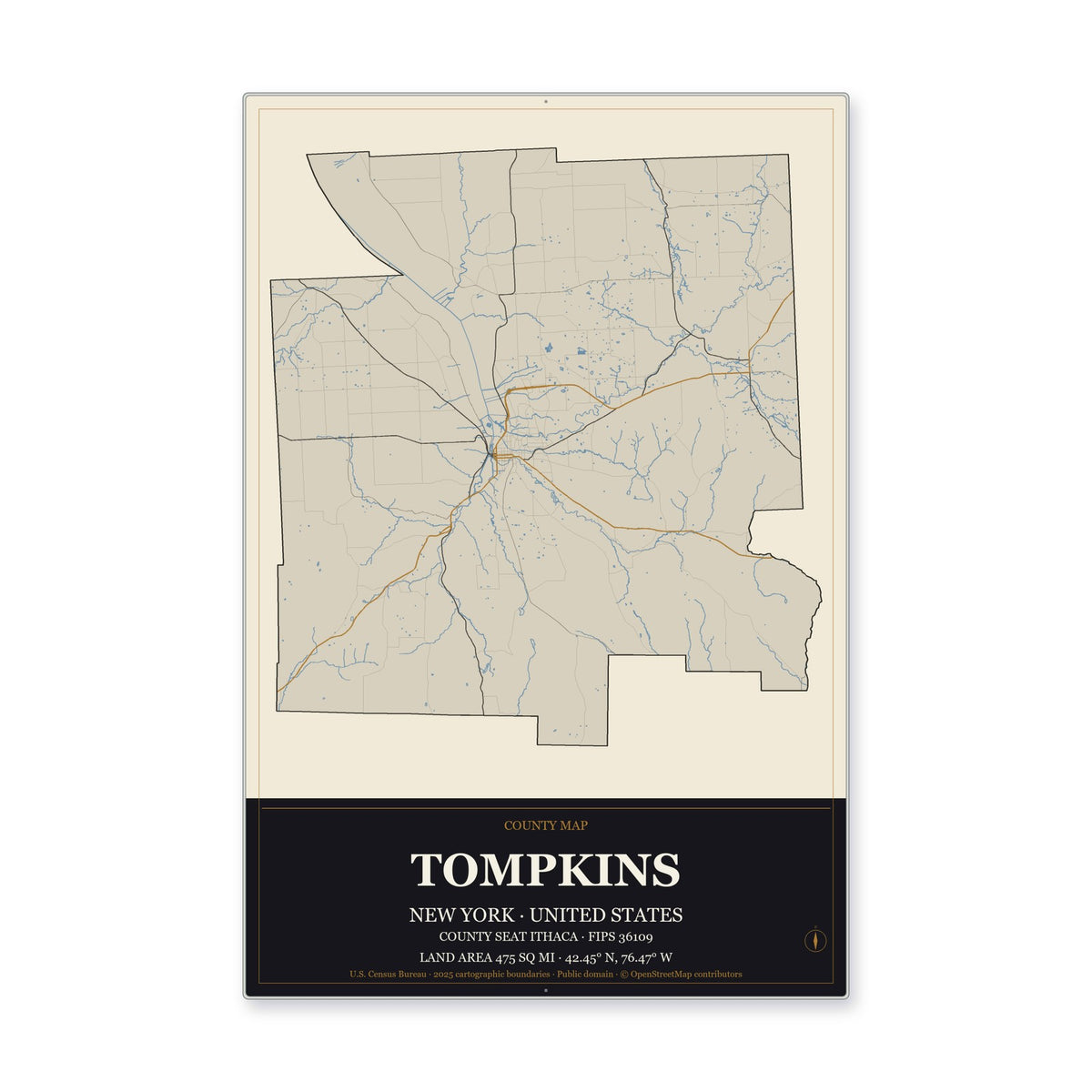 Tompkins County, New York Map Aluminum Sign in Museum Plaque style
