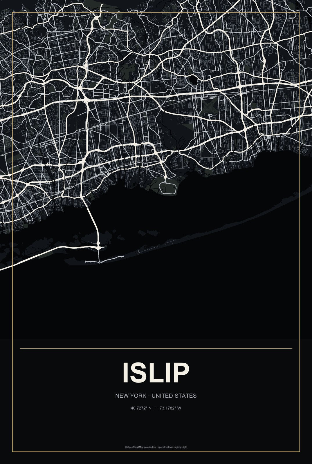 Islip, New York City Map Aluminum Sign in Metropolitan Noir style