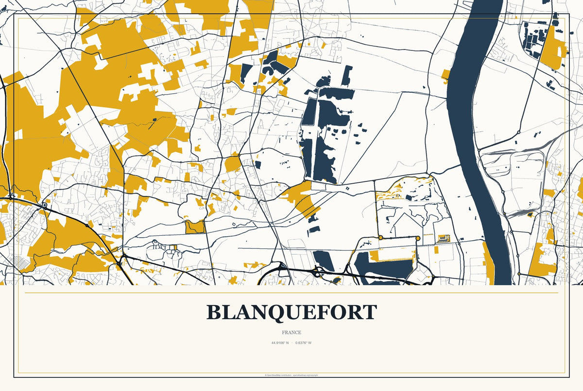 Blanquefort, France City Map Aluminum Sign in Citrine Modern style