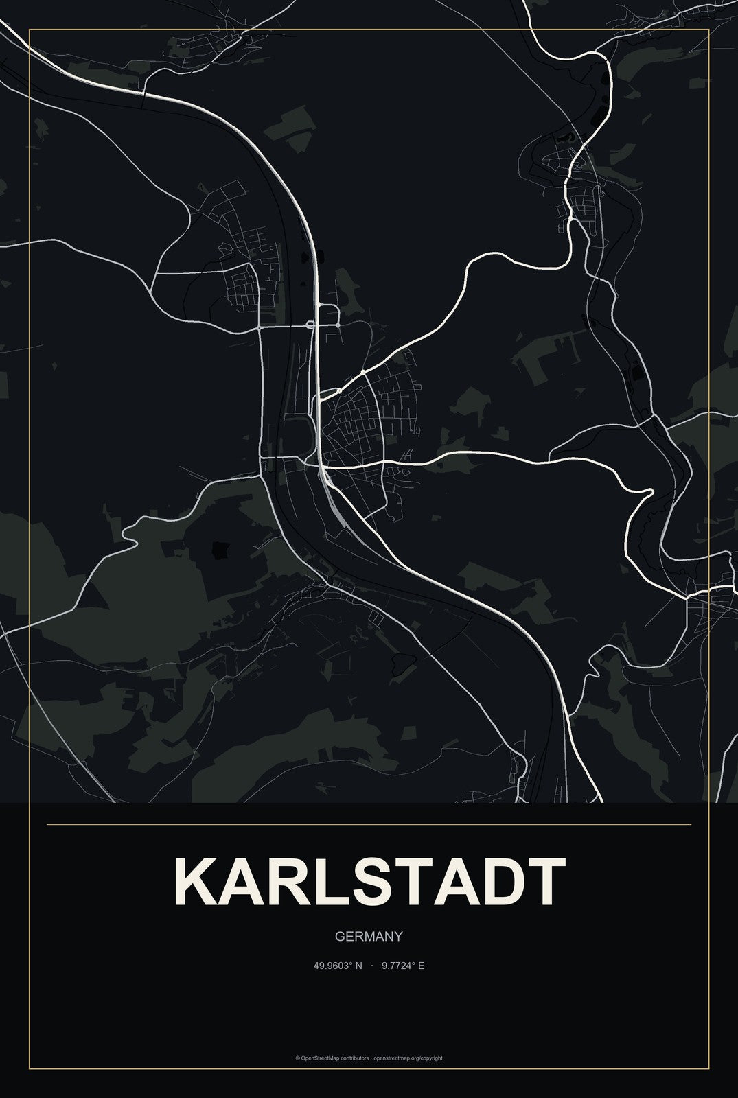 Karlstadt, Germany City Map Aluminum Sign in Metropolitan Noir style