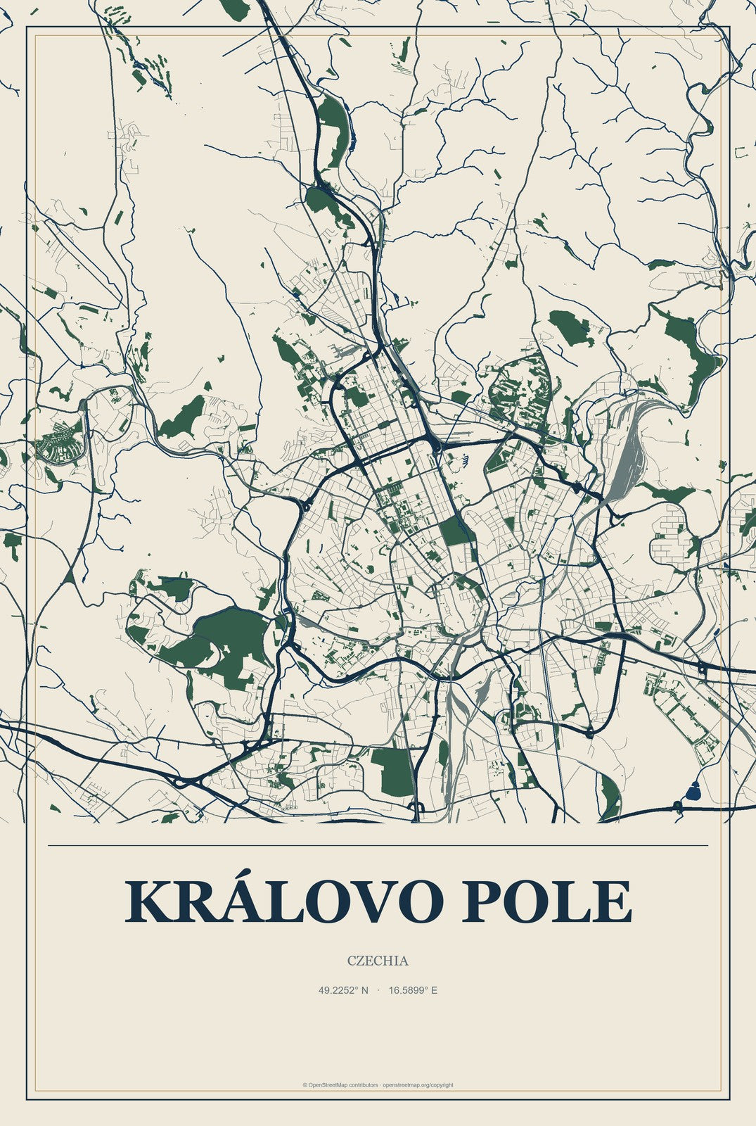 Královo Pole, Czechia City Map Aluminum Sign in Coastal Cutout style