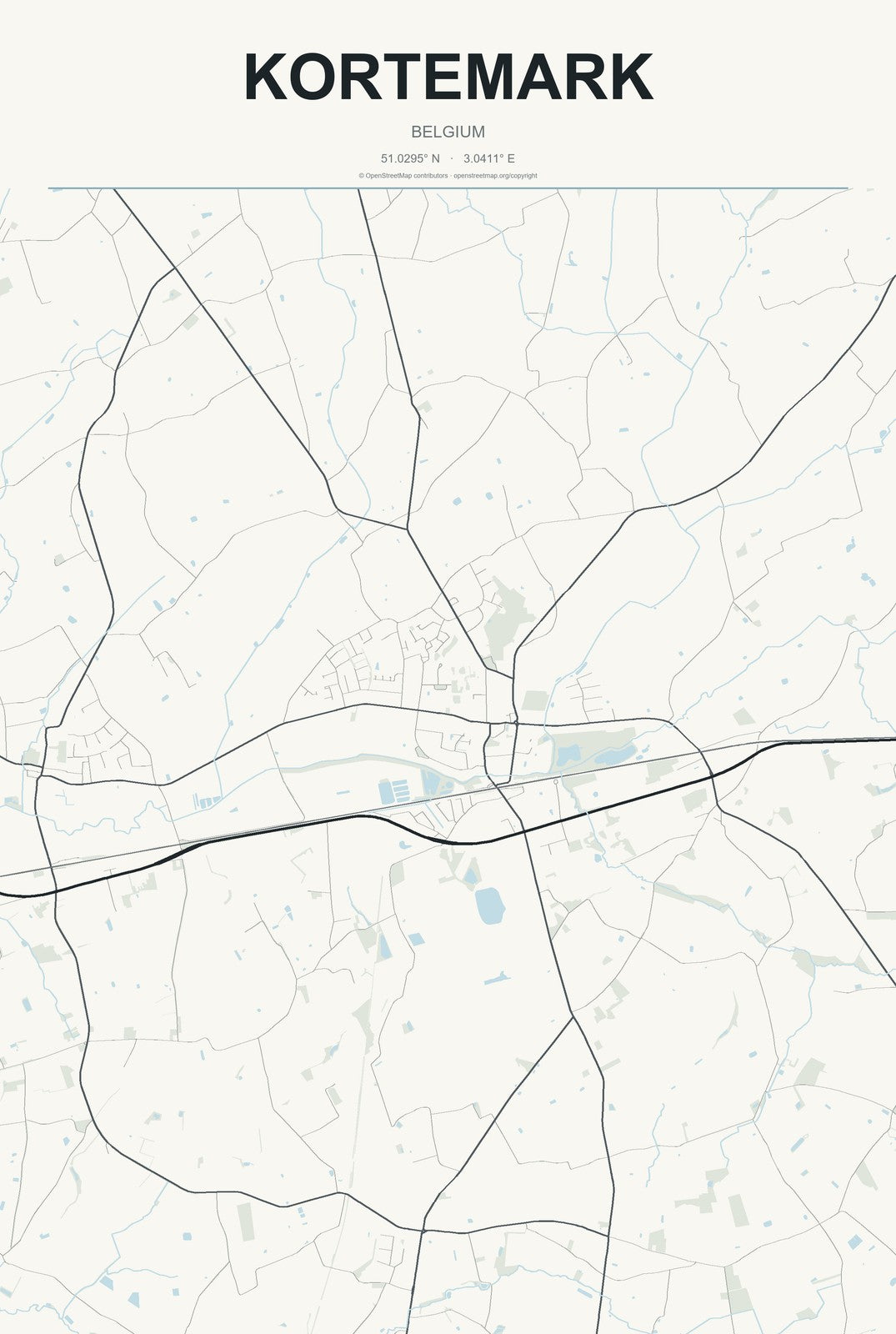 Kortemark, Belgium City Map Aluminum Sign in Headline Atlas style