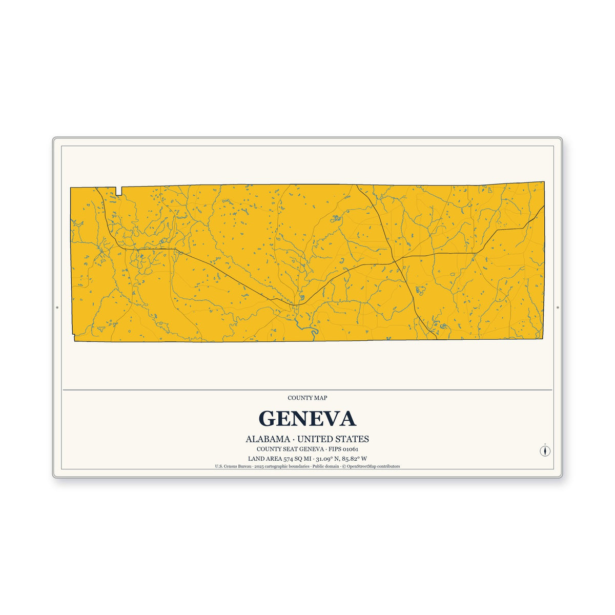 Geneva County, Alabama Map Aluminum Sign in Citrine Modern style