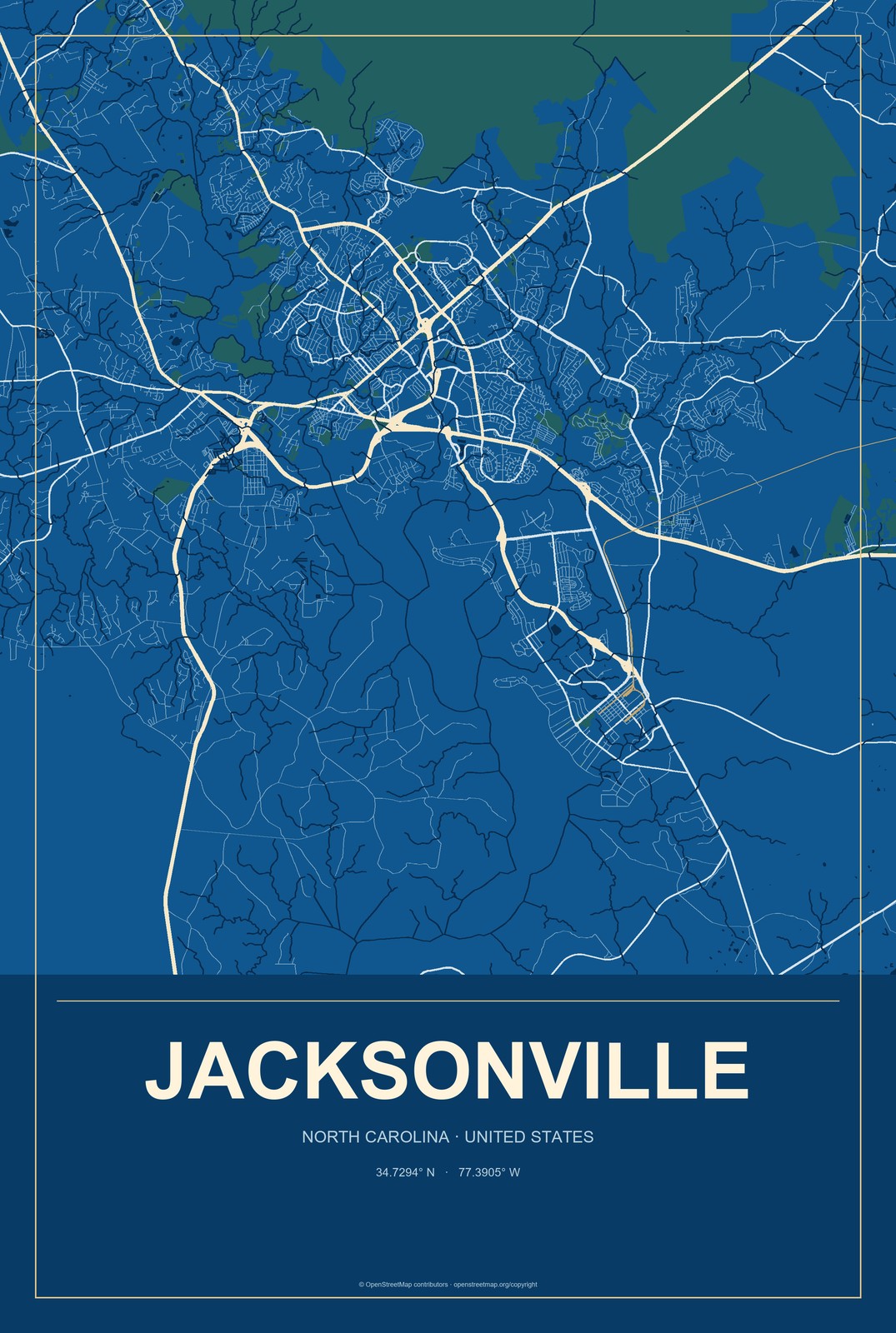 Jacksonville, North Carolina City Map Aluminum Sign in Harbor Cobalt style