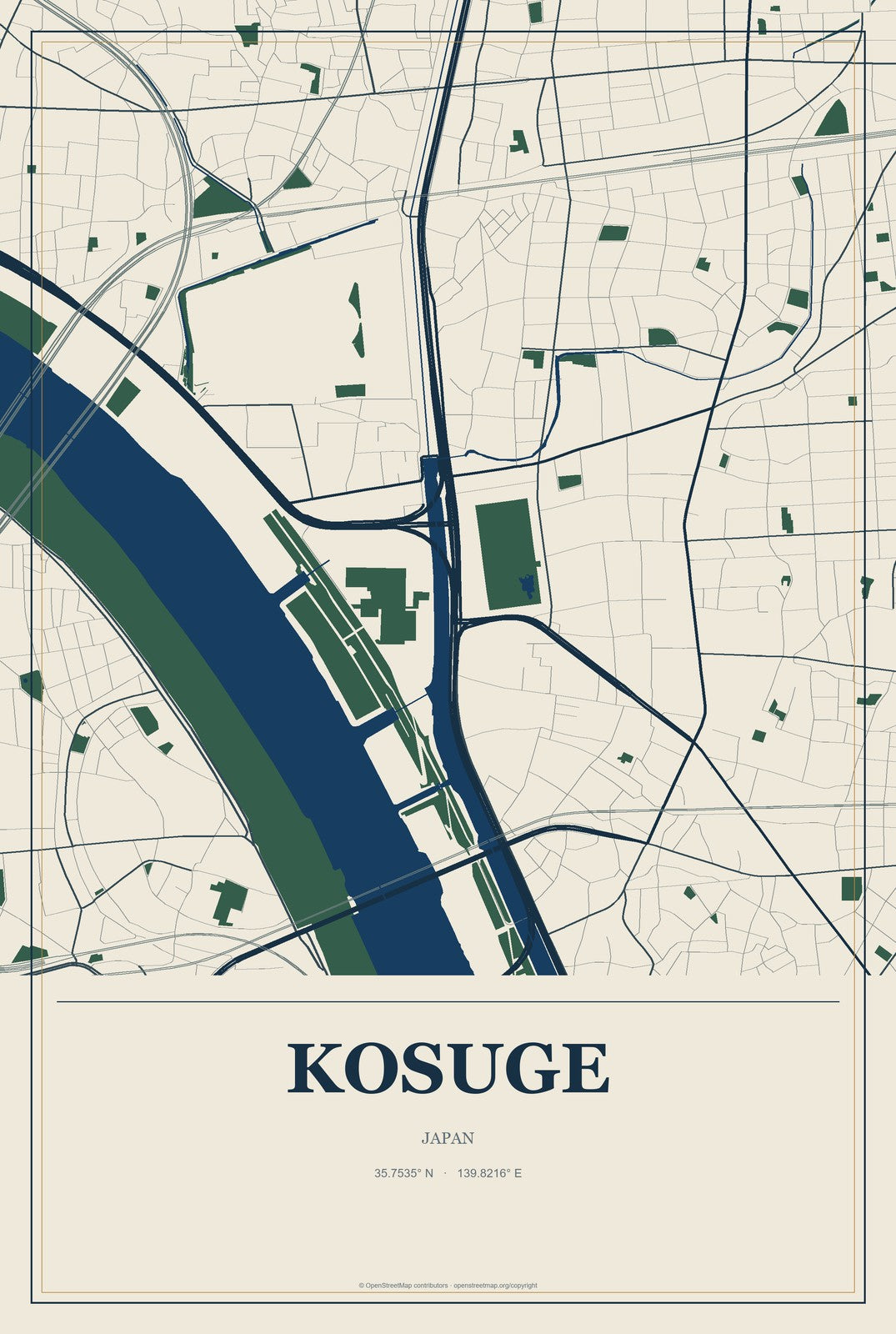 Kosuge, Japan City Map Aluminum Sign in Coastal Cutout style