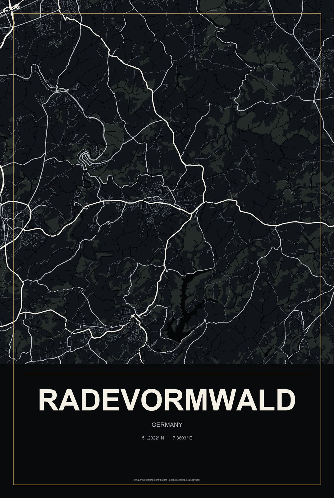 Radevormwald, Germany City Map Aluminum Sign in Metropolitan Noir style