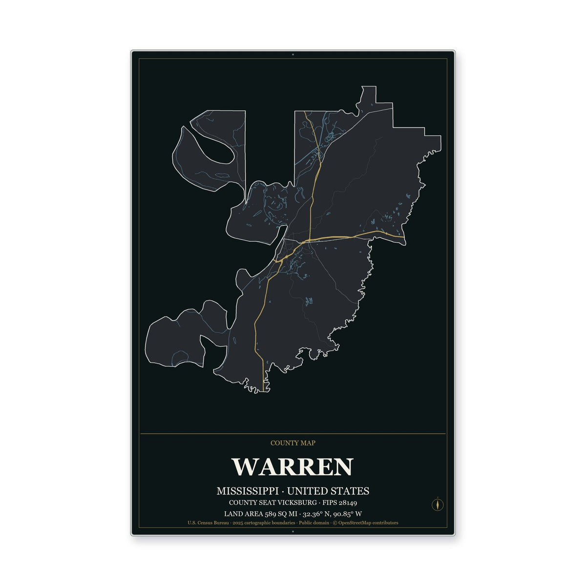 Warren County, Mississippi Map Aluminum Sign in Metropolitan Noir style