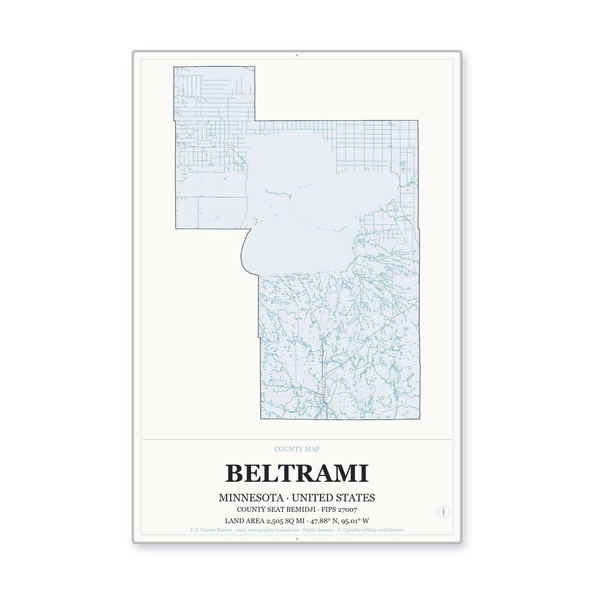 Beltrami County, Minnesota Map Aluminum Sign in Gallery Air style