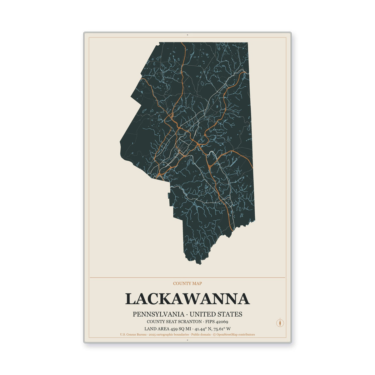 Lackawanna County, Pennsylvania Map Aluminum Sign in Headline Atlas style