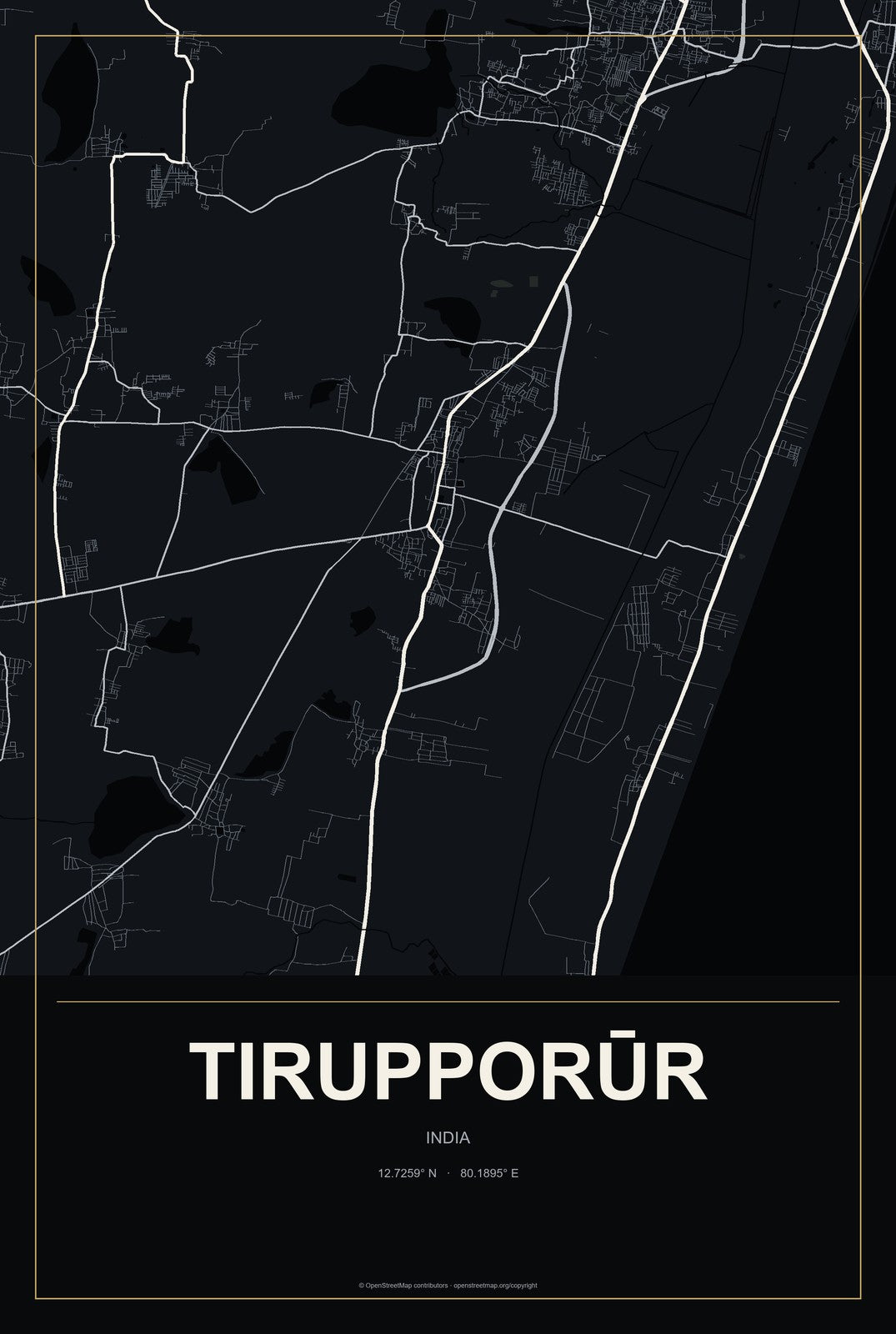 Tirupporūr, India City Map Aluminum Sign in Metropolitan Noir style