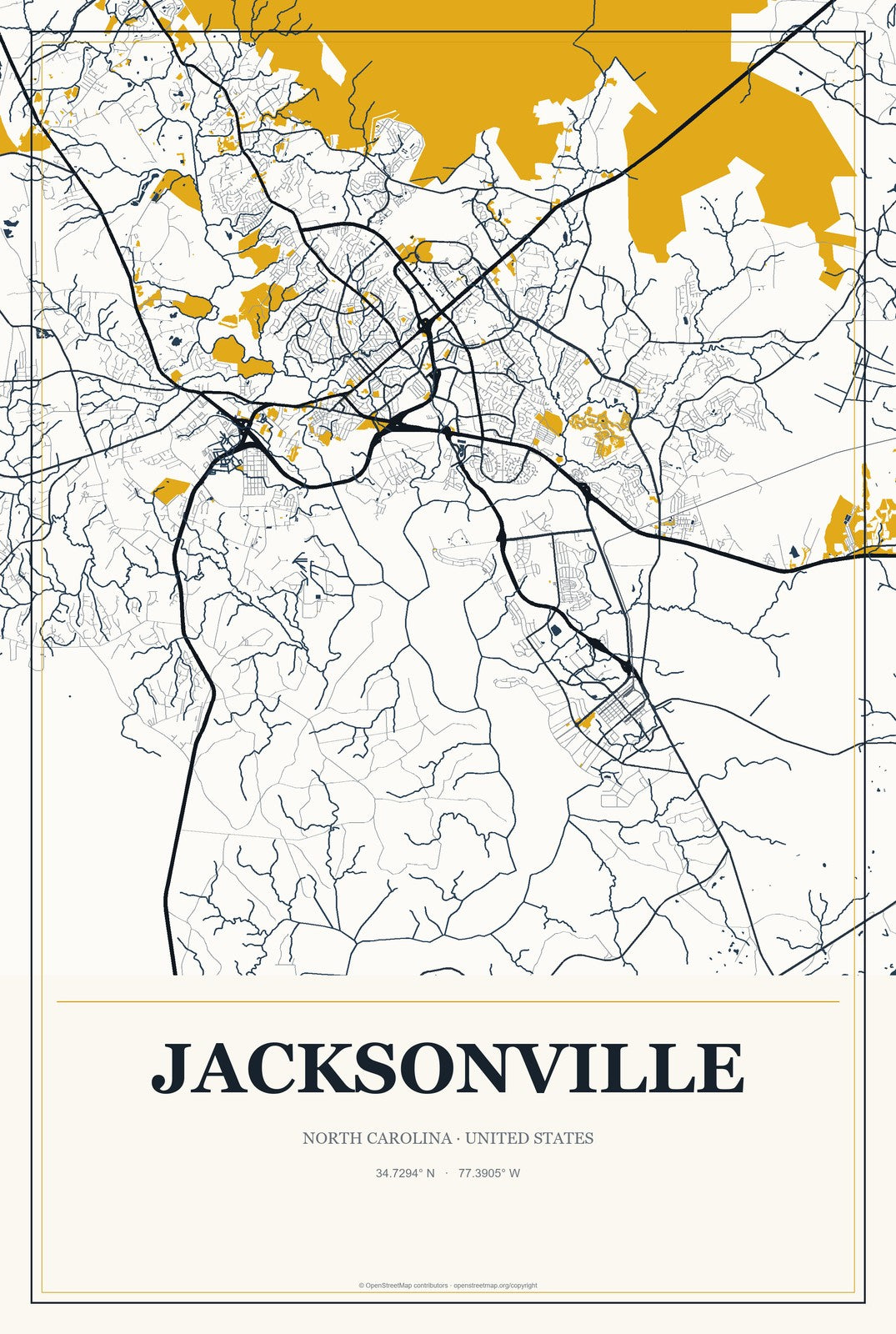 Jacksonville, North Carolina City Map Aluminum Sign in Citrine Modern style