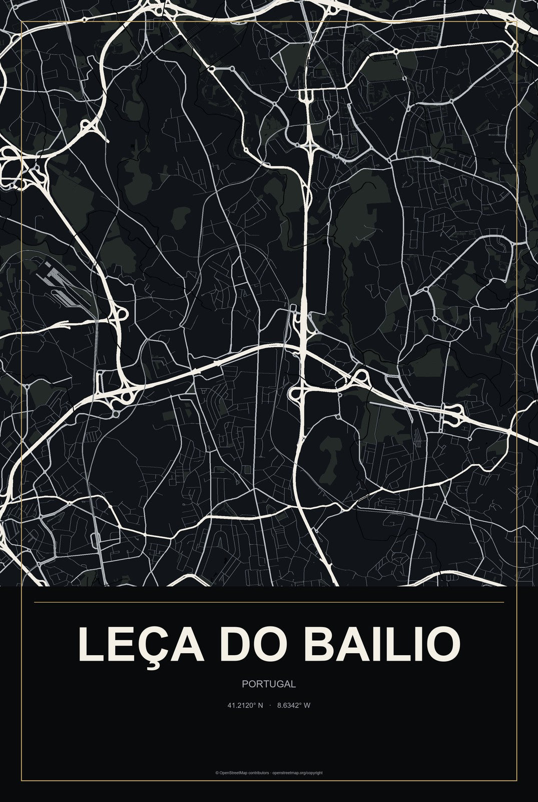 Leça do Bailio, Portugal City Map Aluminum Sign in Metropolitan Noir style