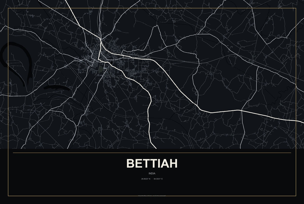 Bettiah, India City Map Aluminum Sign in Metropolitan Noir style