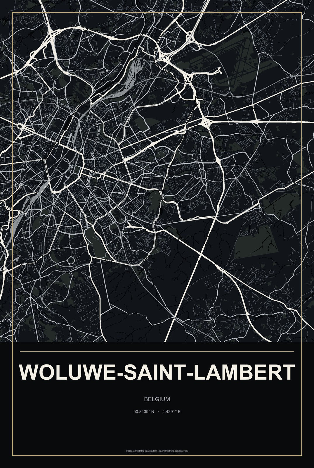 Woluwe-Saint-Lambert, Belgium City Map Aluminum Sign in Metropolitan Noir style