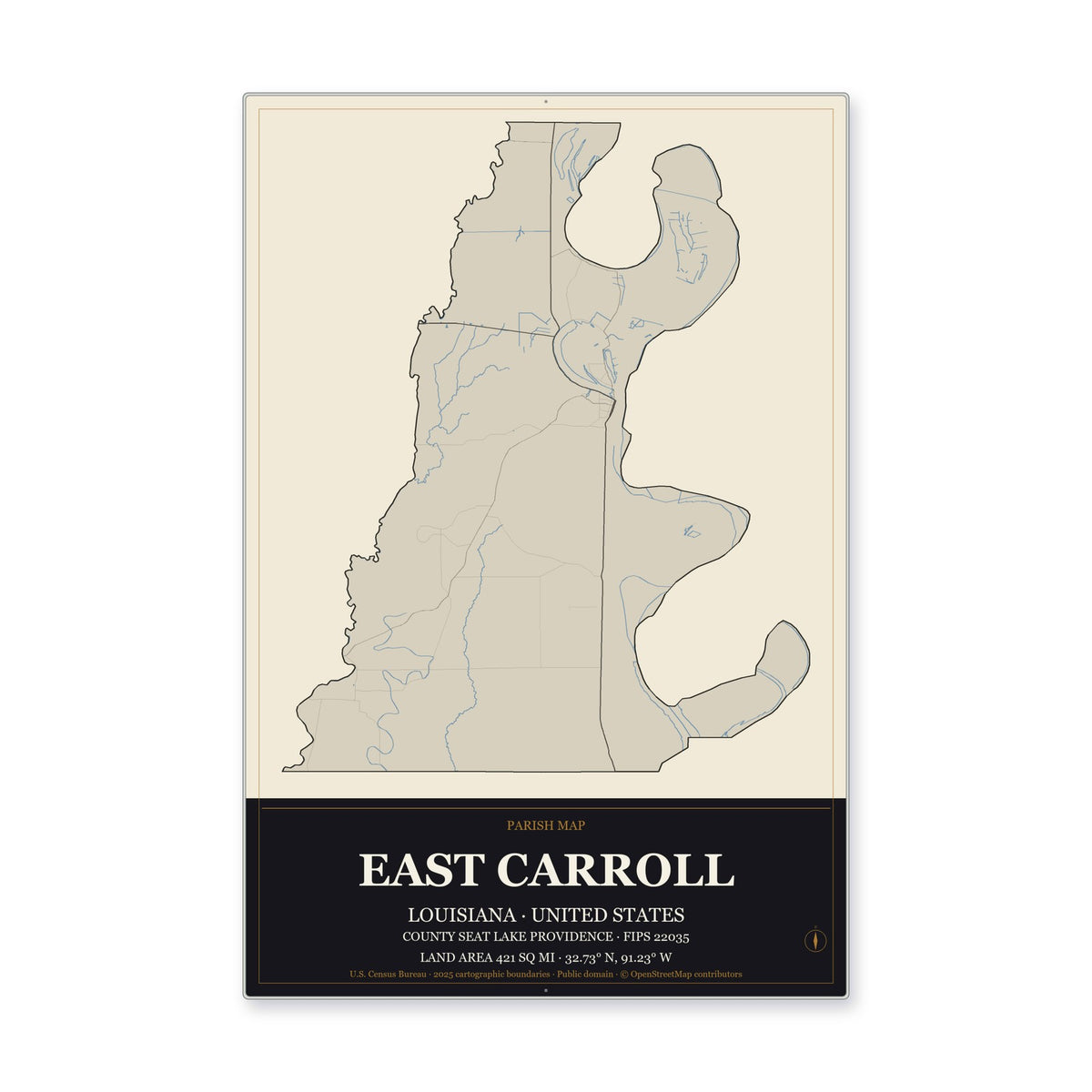 East Carroll Parish, Louisiana Map Aluminum Sign in Museum Plaque style