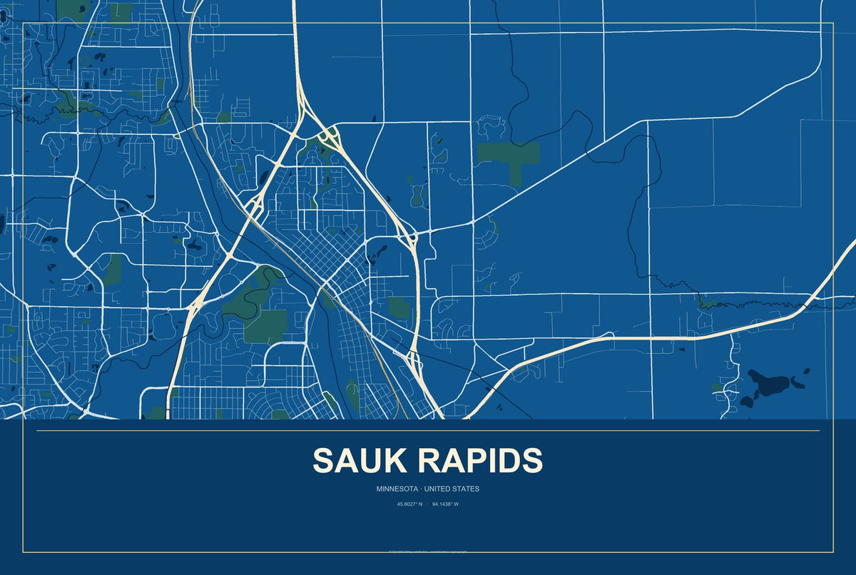 Sauk Rapids, Minnesota City Map Aluminum Sign in Harbor Cobalt style