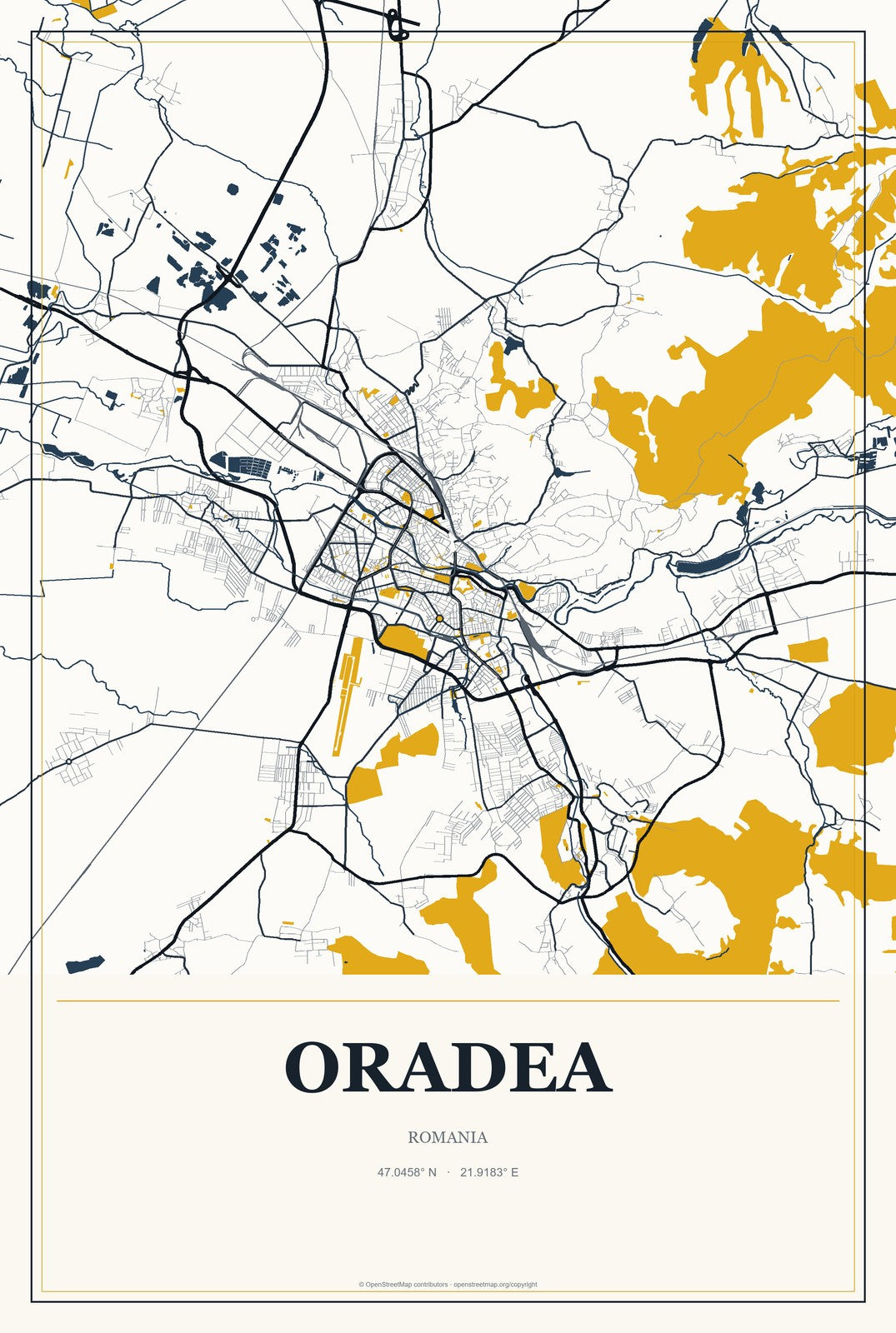 Oradea, Romania City Map Aluminum Sign in Citrine Modern style