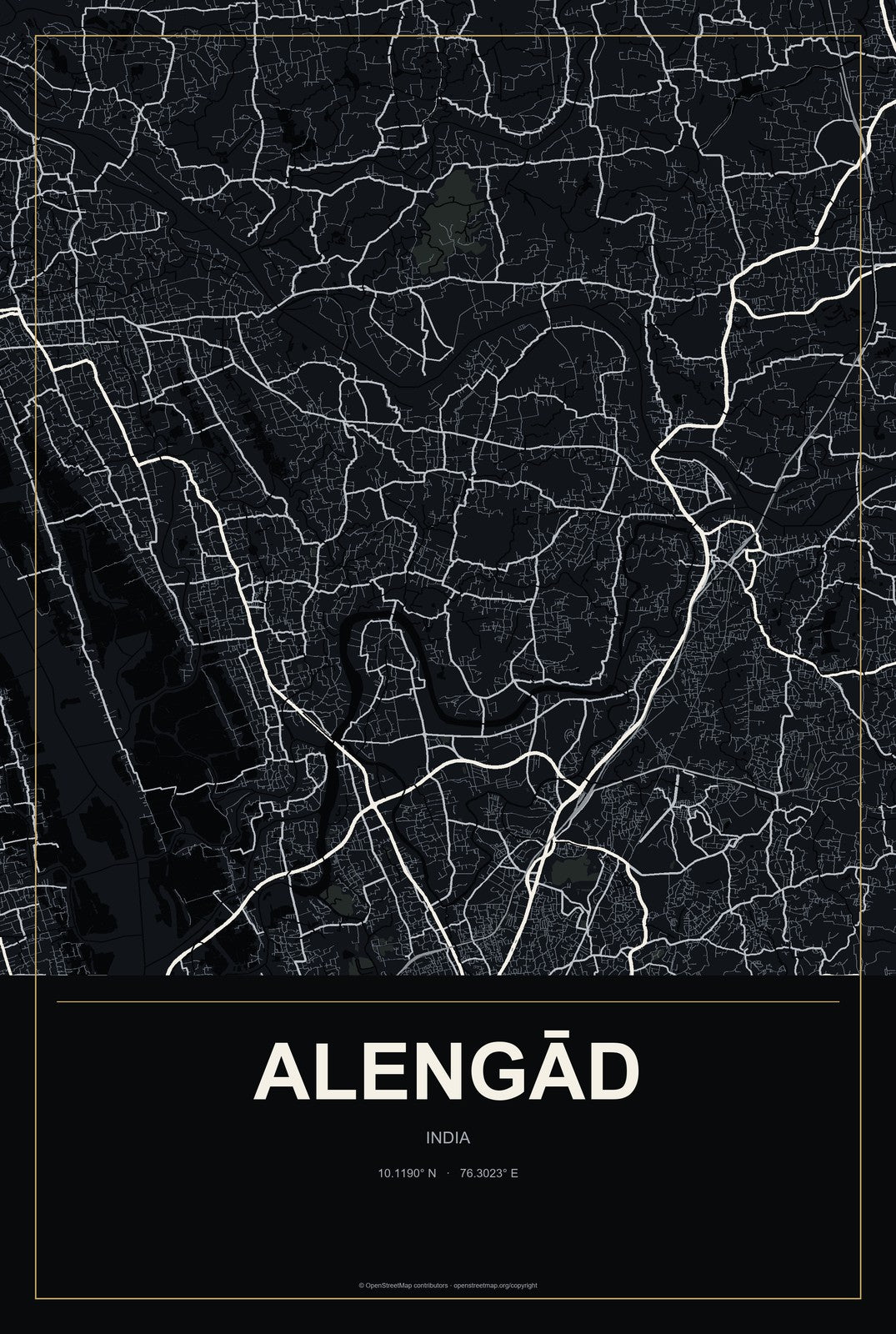Alengād, India City Map Aluminum Sign in Metropolitan Noir style