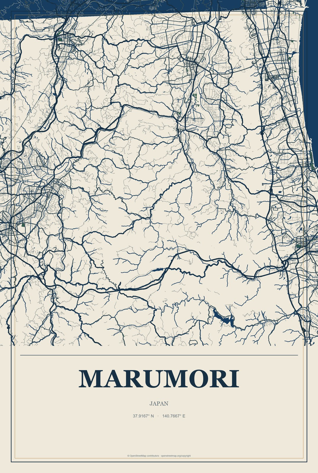 Marumori, Japan City Map Aluminum Sign in Coastal Cutout style