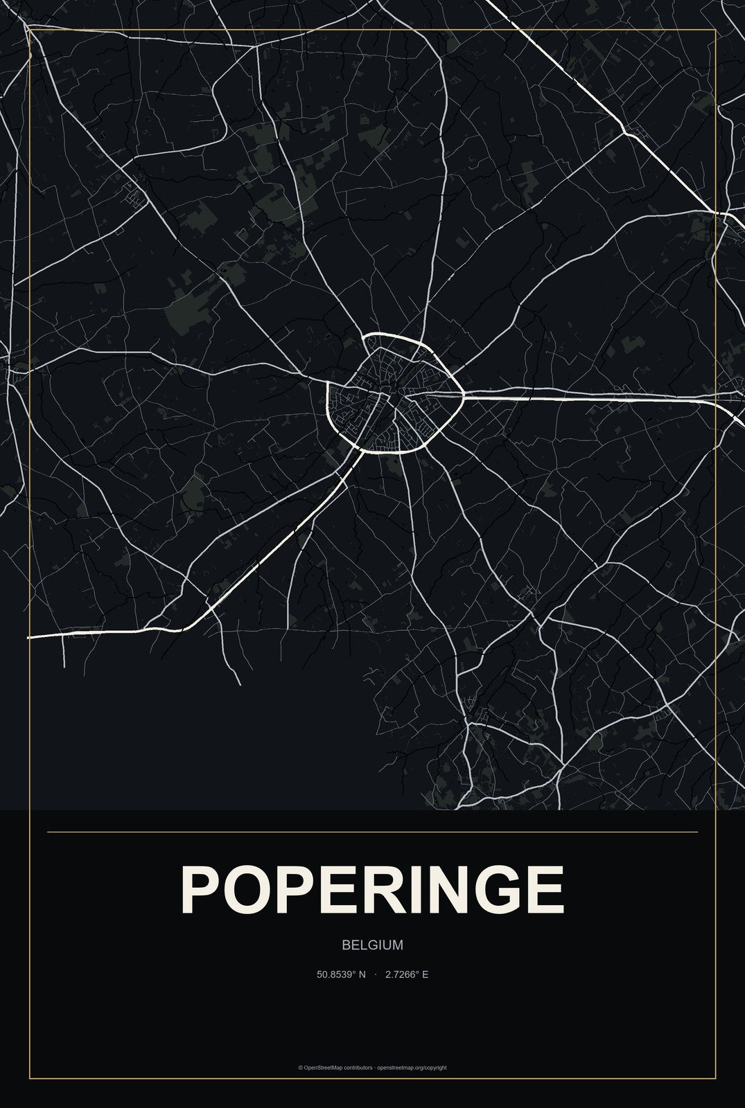 Poperinge, Belgium City Map Aluminum Sign in Metropolitan Noir style
