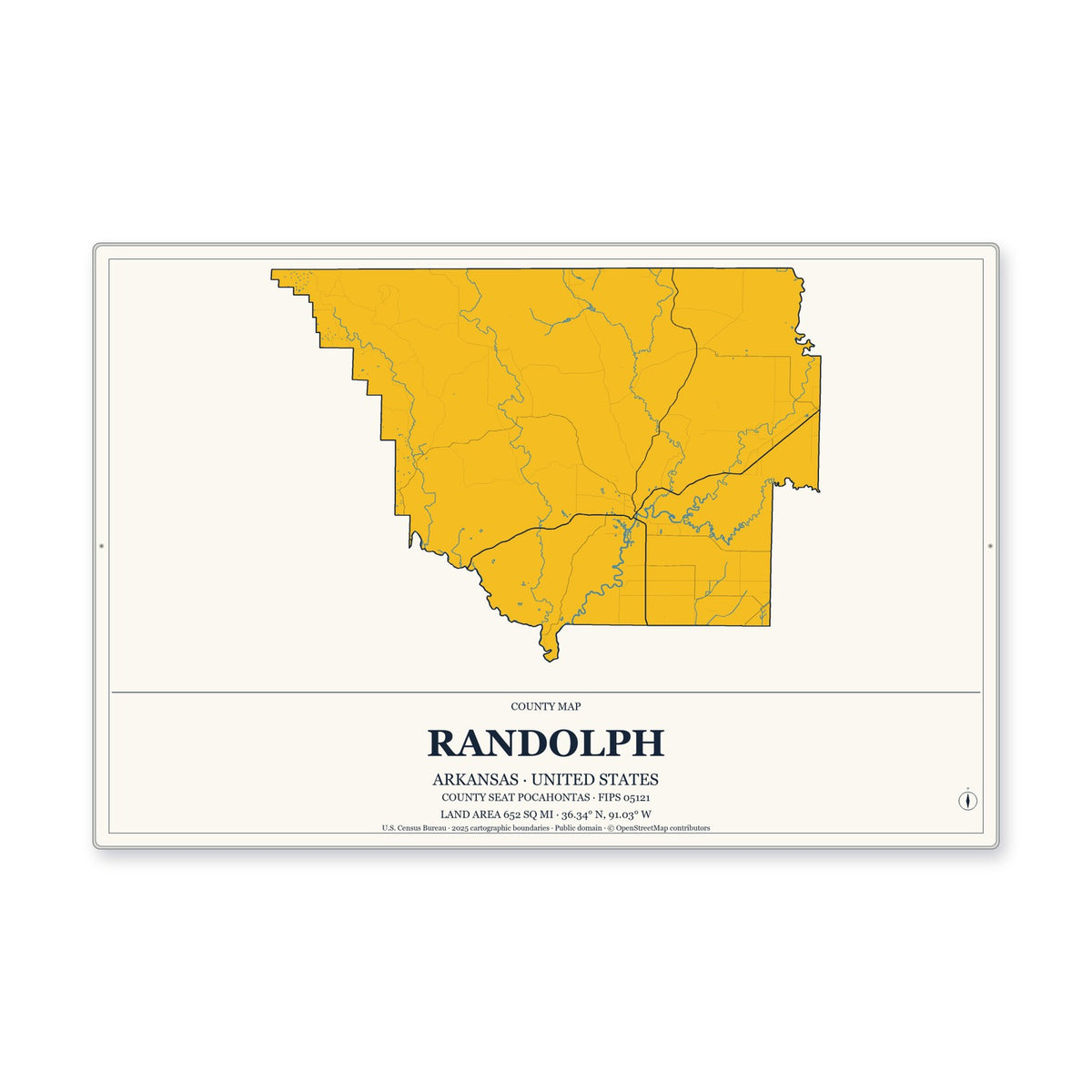 Randolph County, Arkansas Map Aluminum Sign in Citrine Modern style