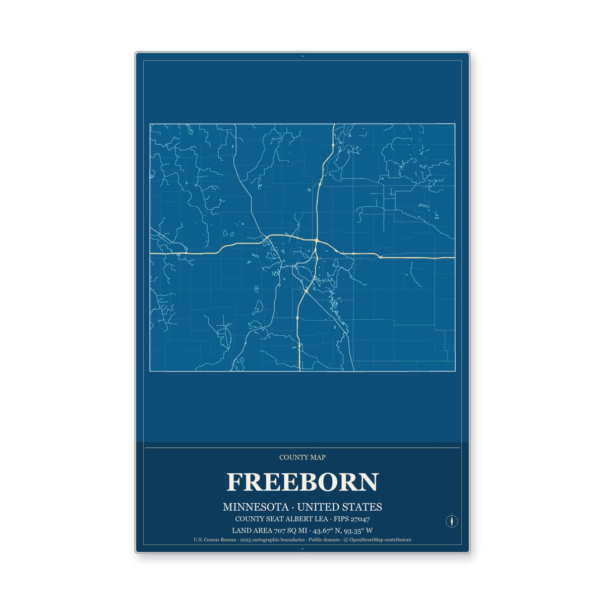 Freeborn County, Minnesota Map Aluminum Sign in Harbor Cobalt style