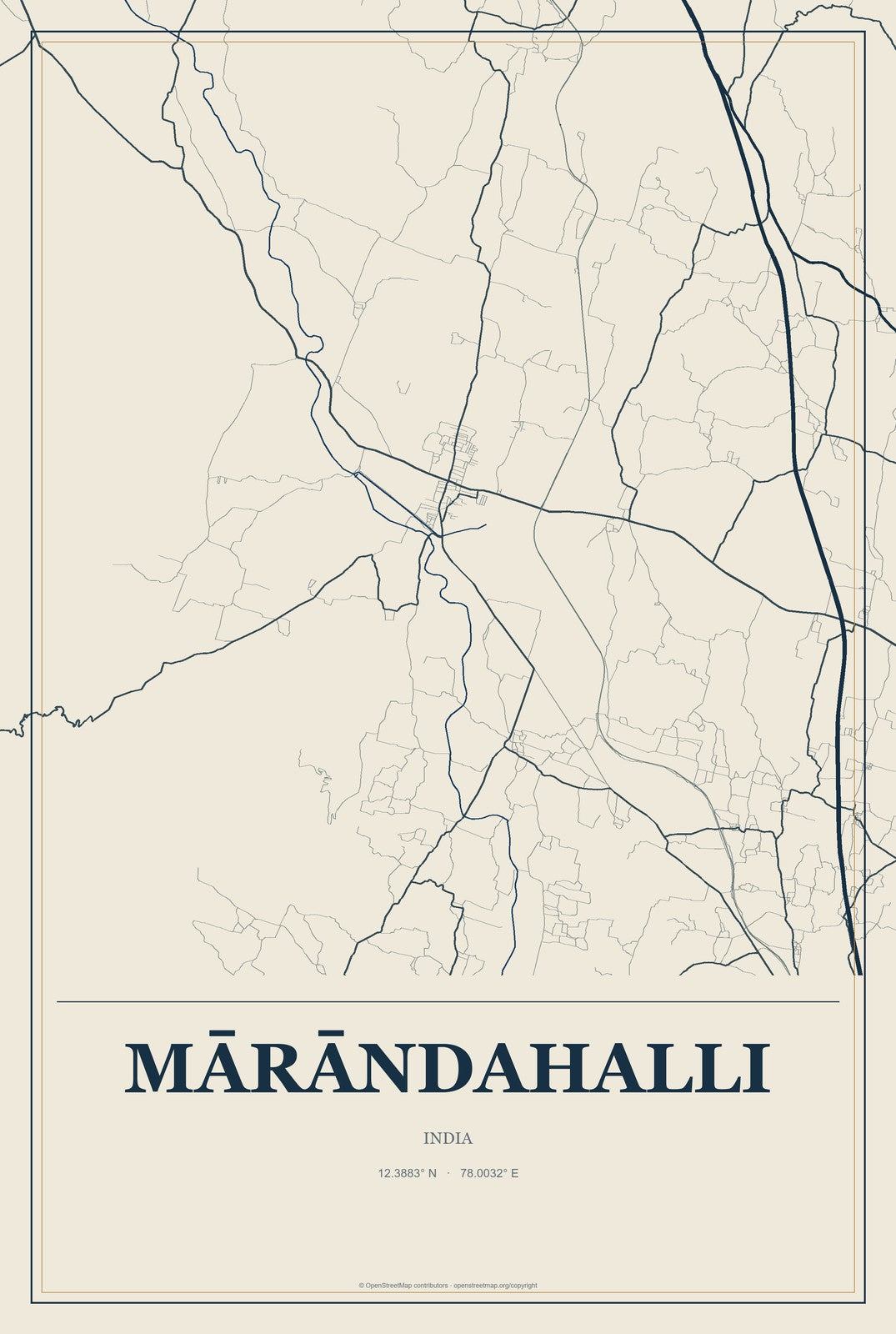 Mārāndahalli, India City Map Aluminum Sign in Coastal Cutout style
