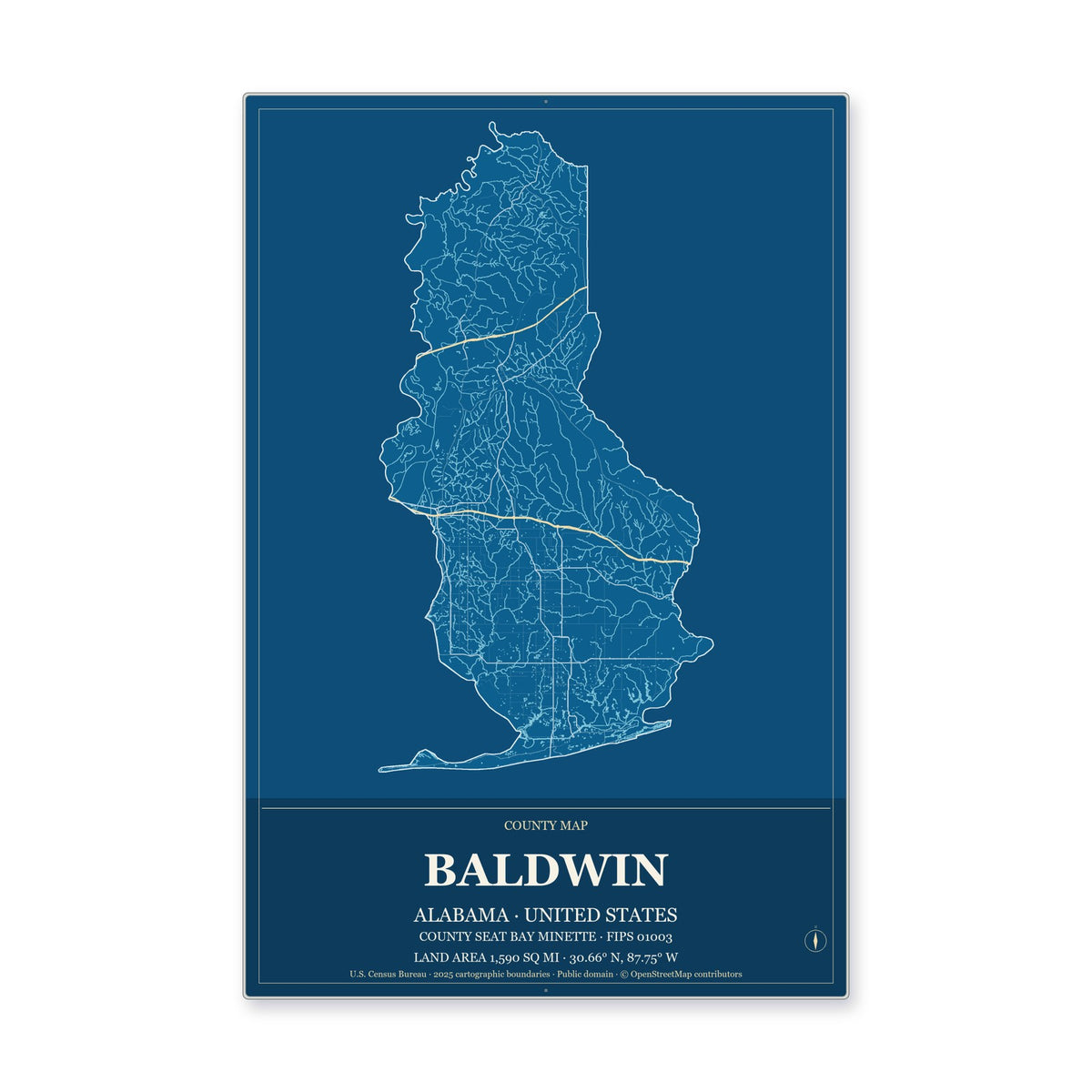 Baldwin County, Alabama Map Aluminum Sign in Harbor Cobalt style