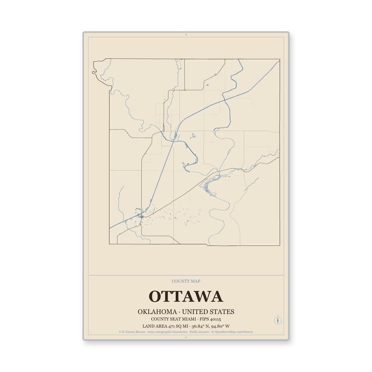 Ottawa County, Oklahoma Map Aluminum Sign in Heritage Nautical style