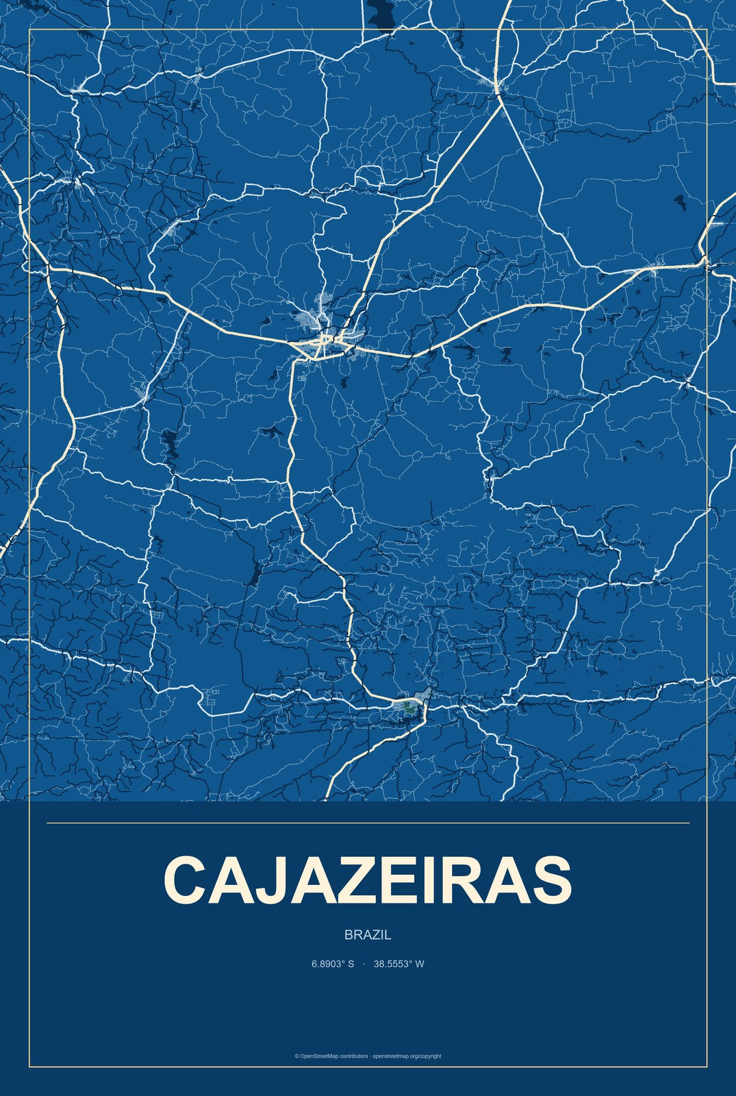 Cajazeiras, Brazil City Map Aluminum Sign in Harbor Cobalt style