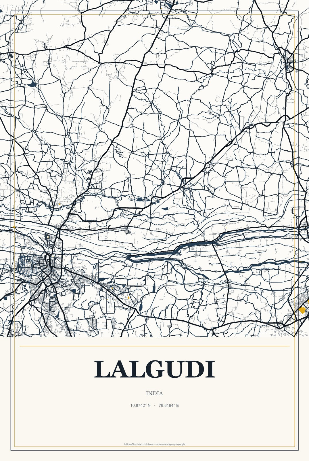 Lalgudi, India City Map Aluminum Sign in Citrine Modern style