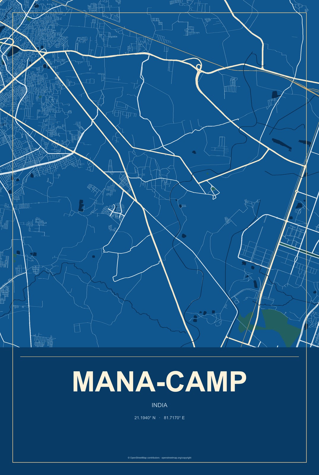 Mana-Camp, India City Map Aluminum Sign in Harbor Cobalt style