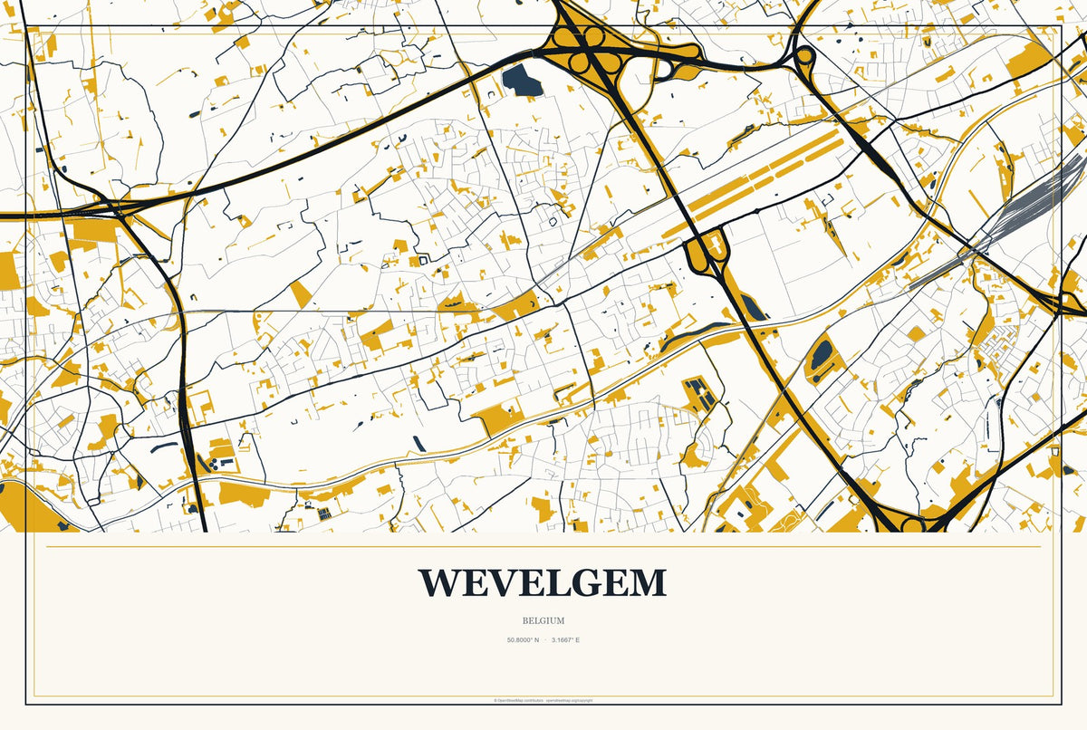 Wevelgem, Belgium City Map Aluminum Sign in Citrine Modern style