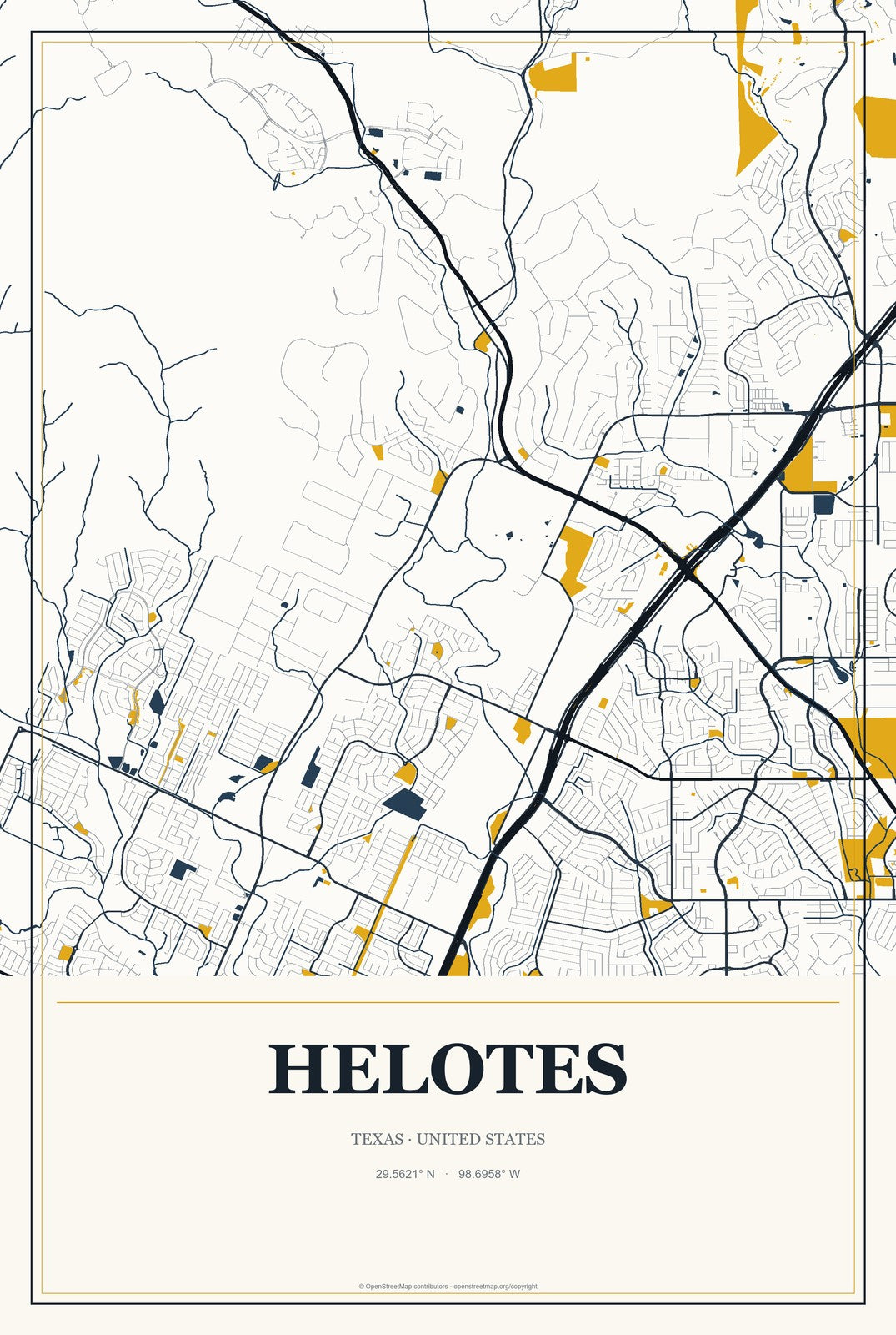Helotes, Texas City Map Aluminum Sign in Citrine Modern style