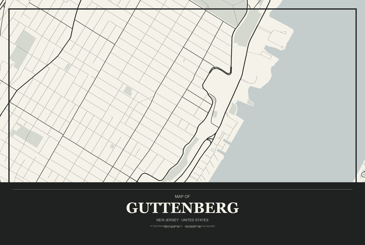 Guttenberg, New Jersey City Map Aluminum Sign in Museum Plaque style